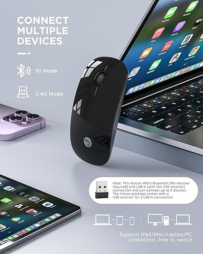 Miniatura 2 de RAPIQUE Ratón inalámbrico Bluetooth (BT5.1+USB) Ratones de computadora de modo dual delgado con clic silencioso, baja potencia y 1600 DPI, mouse