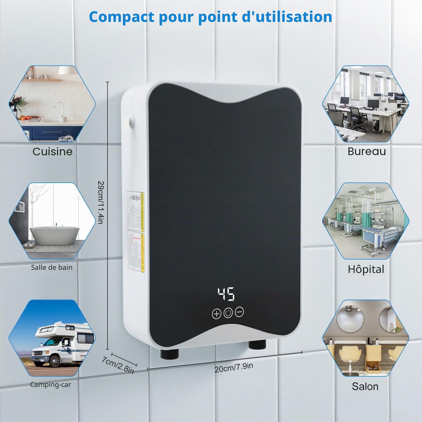 Chauffe-eau électrique 5500 W 230 V avec indicateur de température LED, 30 à 55 °C, mini chauffe-eau électrique instantané, étanche IPX4 pour douche, salle de bain, cuisine