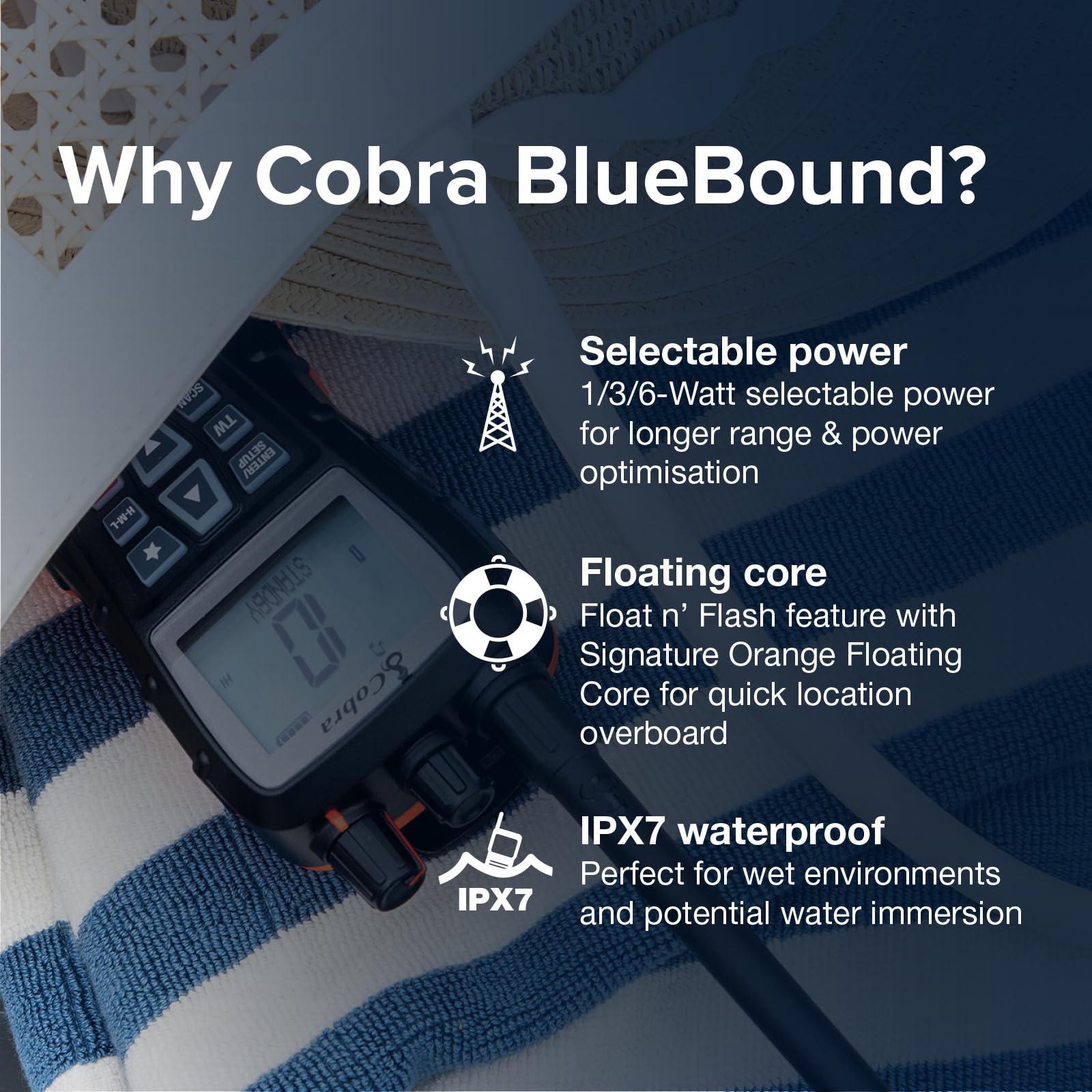 Cobra BlueBound 350 - Radio VHF marina portatile galleggiante da 6 Watt, galleggiante n' Flash, impermeabile IPX7, sommergibile, display LCD giorno/notte, scansione di memoria, Tri-Watch, nero