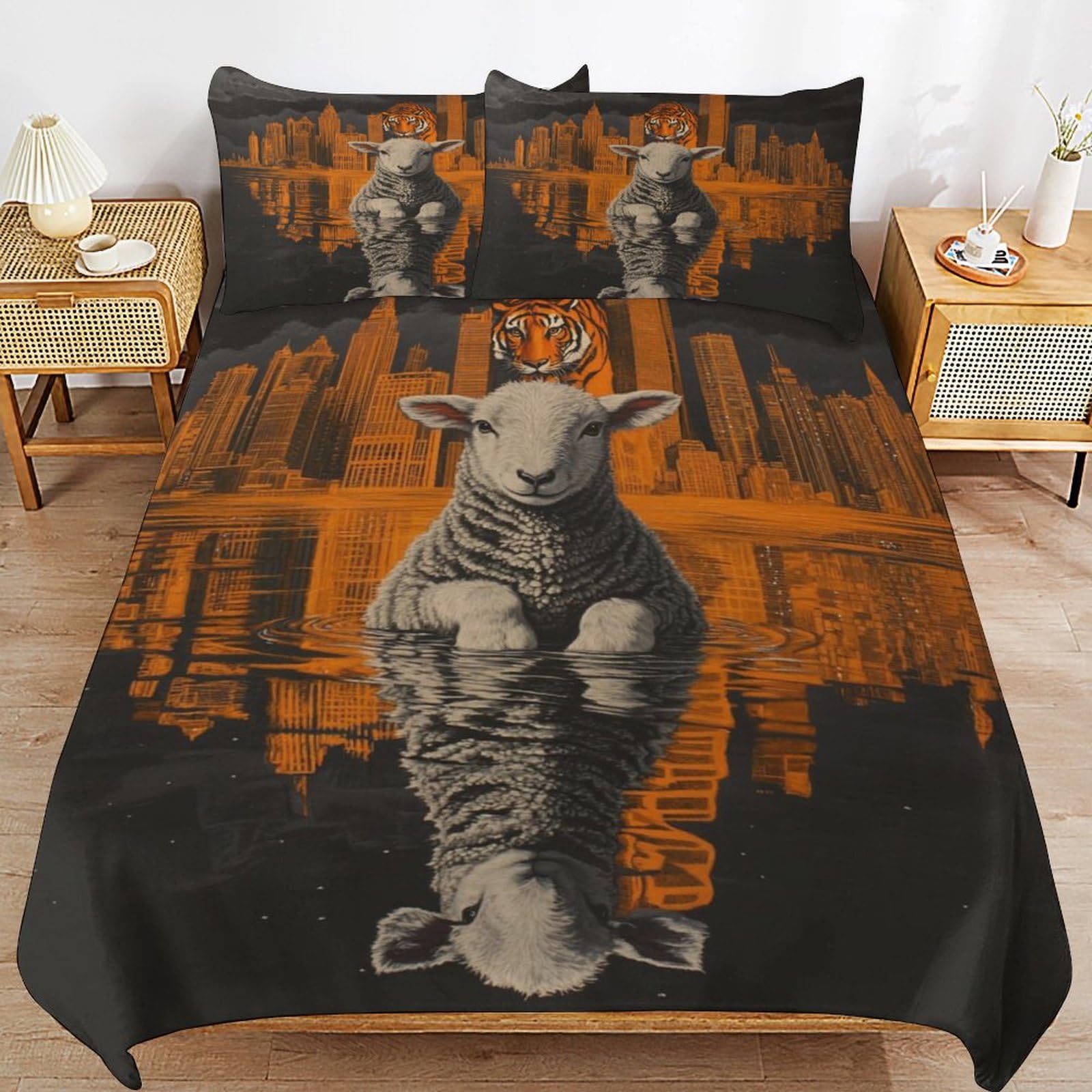 Parure de lit chat tigre 135x200 avec 2 taies d'oreiller pour chambre enfant