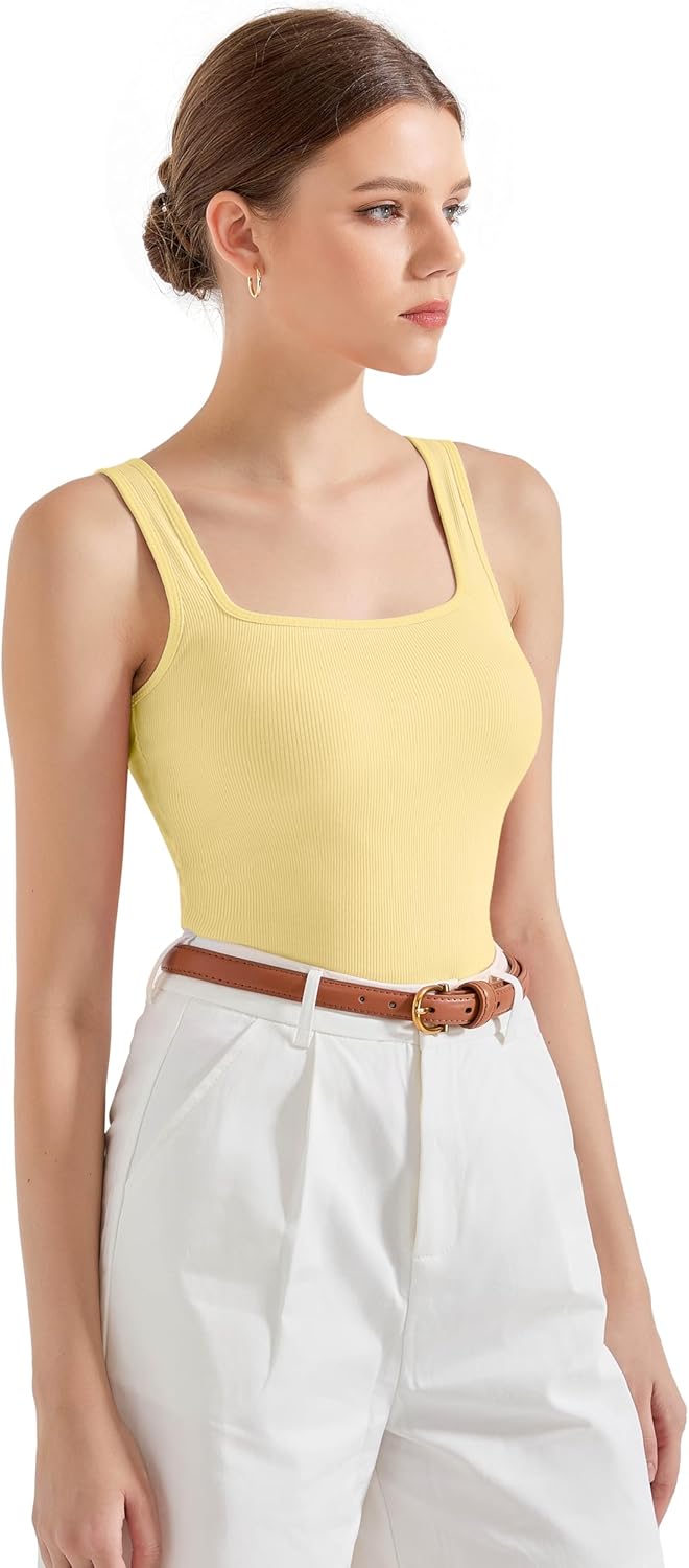 SUUKSESS Women Cotton Rib Squre Neck Tops Sleeveless Summer Padded Basic Tank Top - Image 3