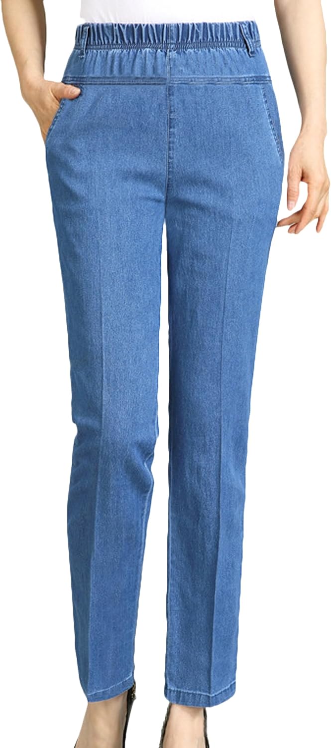 Women's Straight Leg Elastic Waist Cotton Blend Pull On Jeans