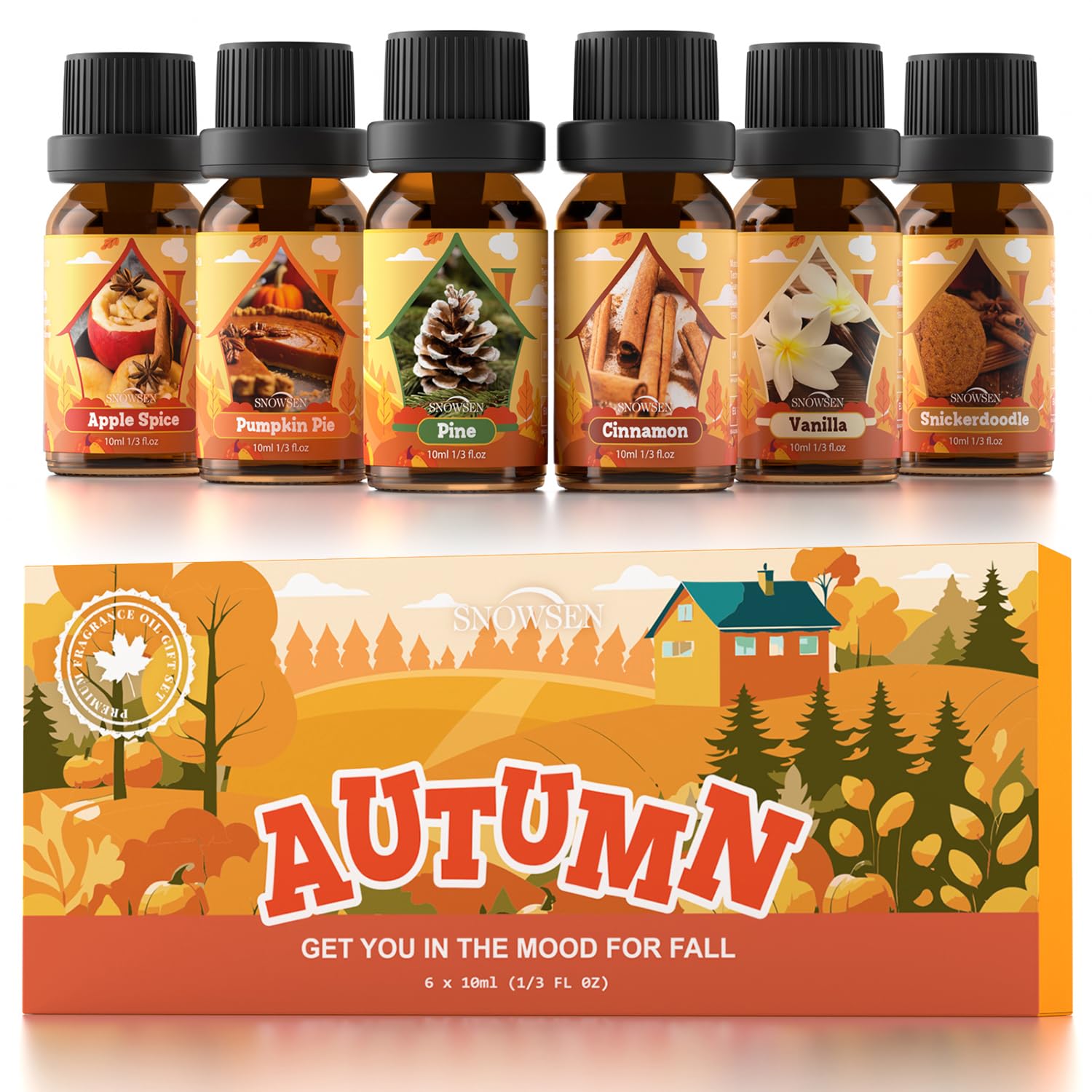 Autumn Essential Oil Set, Fragrance Oil Set for Diffuser, Soap & Candle Making, Humidifiers - Apple Spice, Pumpkin Pie, Pine, Cinnamon, Vanilla, Snickerdoodle Scents Oils for Home Care 6x10ml