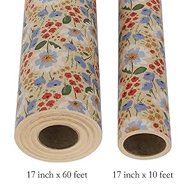 Aimyoo Watercolor Floral Kraft Wrapping Paper Roll, All Occasion Vintage Flower Gift Wrap for Wedding Birthday Bridal Shower, 17 inch x 60 ft