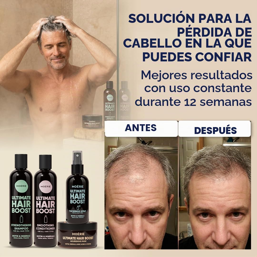 Moerie Set champu de cabello crecimiento y acondicionador pelo Plus mascarilla pelo y Spray – Cabello Más Largo, Más Fuerte –Voluminizadores para el Cabello – Sin Parabenos ni Silicona – 8 productos