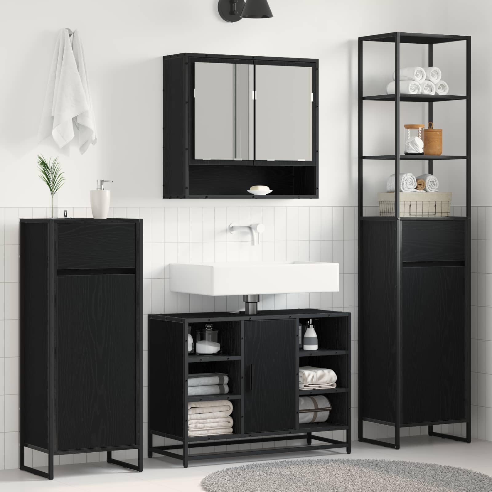 Meuble de Salle de Bain en Bois d'ingénierie Chêne Noir 40 x 30 x 100 cm avec tiroir, Support Suspendu, Rangement, Portes et étagères pour Salle d'eau Moderne