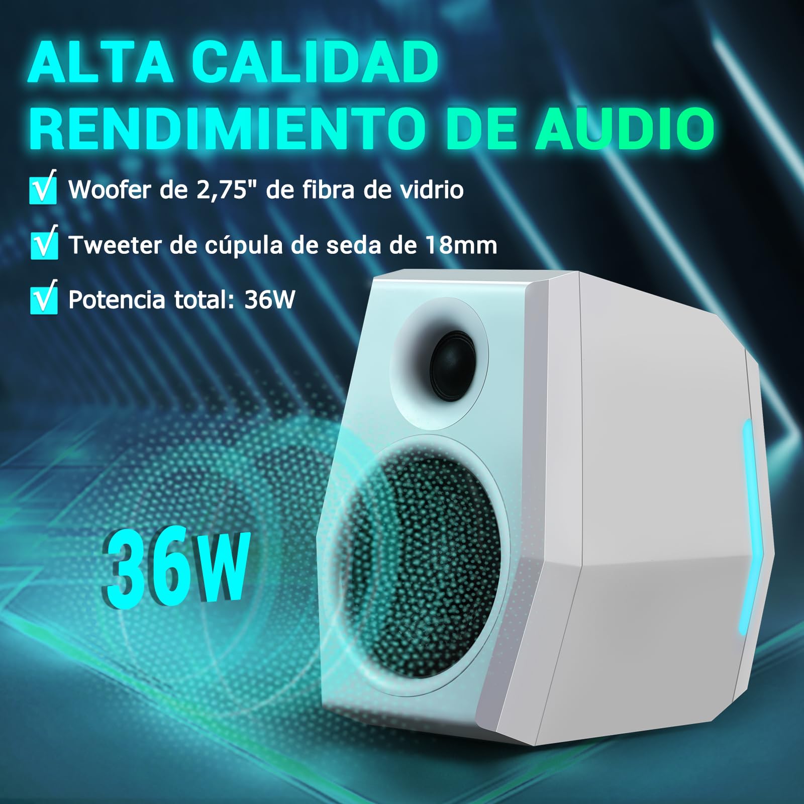 Sanyun SW209 Altavoces Gaming 2.0 36 W, Audio Táctico 3 Modos DSP | Gaming/Cine/Música, DAC 24 bits, USB-C/Bluetooth 5.2/AUX, Driver Fibra Vidrio 7cm + Cúpula Seda 18mm, RGB (Pareja, Blanco)