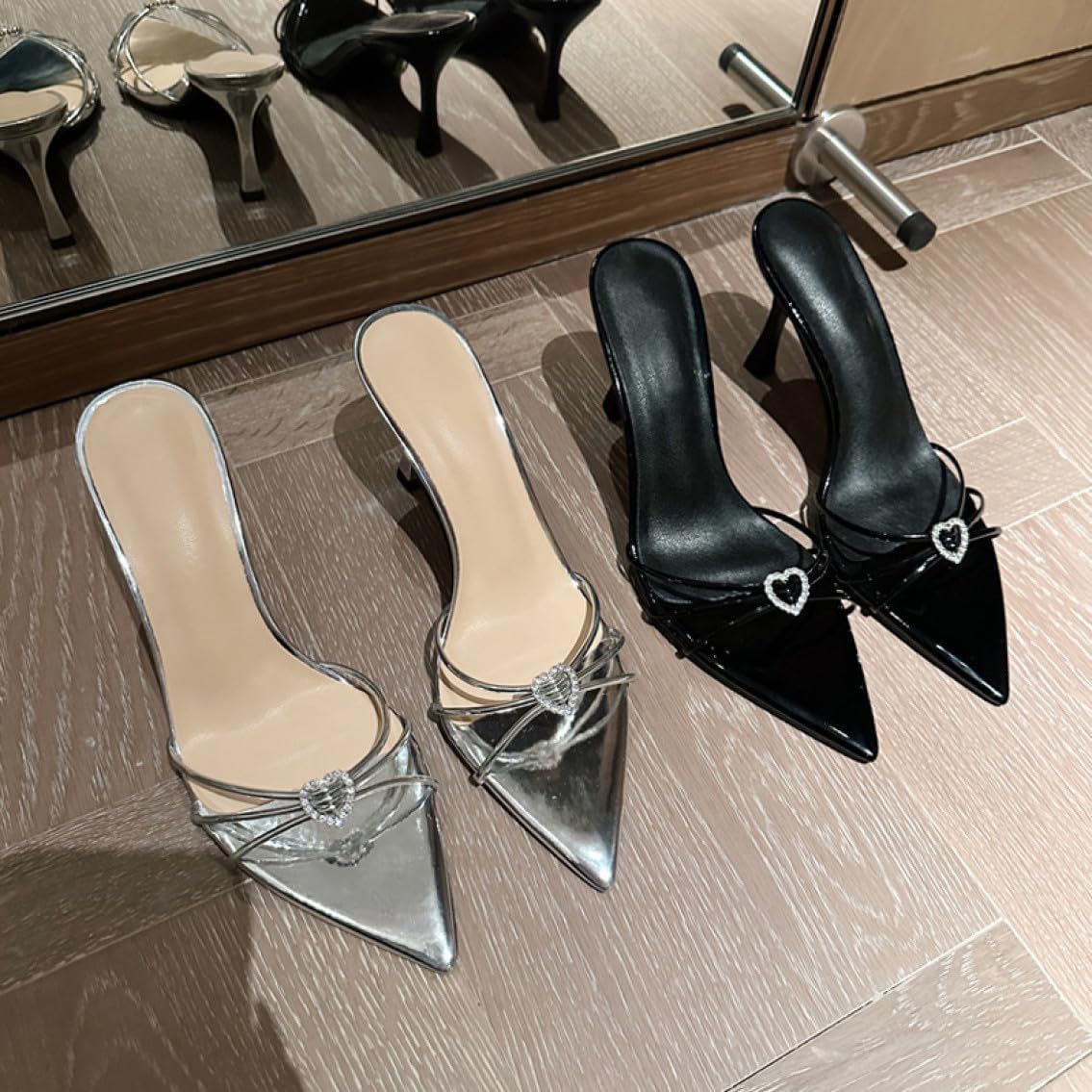 [LECMT] ミュール オープントゥ ラインストーン装飾 ハイヒール レディース セクシー ピンヒール 痛くない 脱げない 美脚