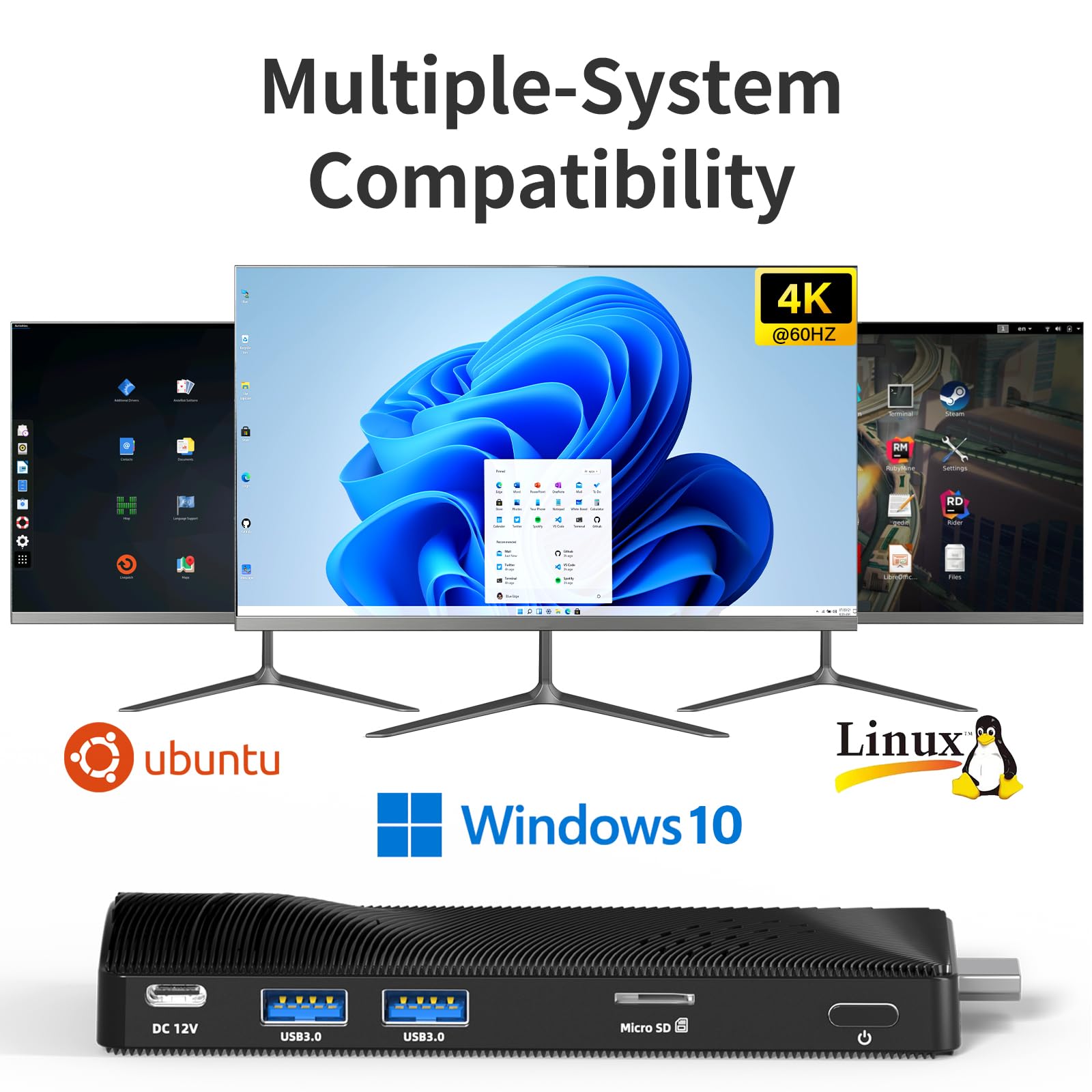 Mini PC Stick Fanless, Micro Computer Stick Pentium N4200 4GB 64GB eMMC (1.1 GHz), Small PC, USB3.0 X 2 Gigabit Ethernet 4K 60Hz, WiFi BT 5.0 HDMI 2.0 for Business Industrial IOT Media, Office — view 7