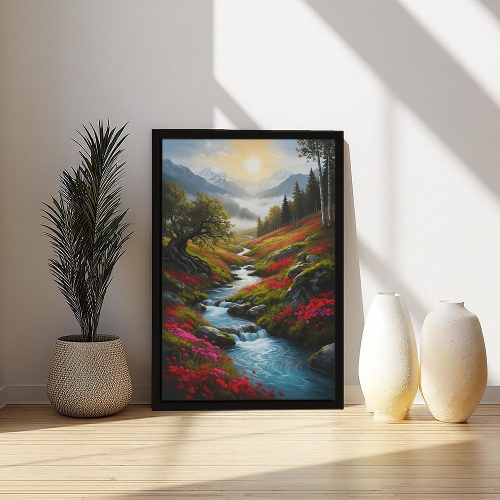Mnyuein Póster de paisaje de bosque, montañas y flores silvestres, 1 póster en lienzo, decoración de pared, pinturas para sala de estar, dormitorio, marco negro, 12 pulgadas de largo x 18 pulgadas de