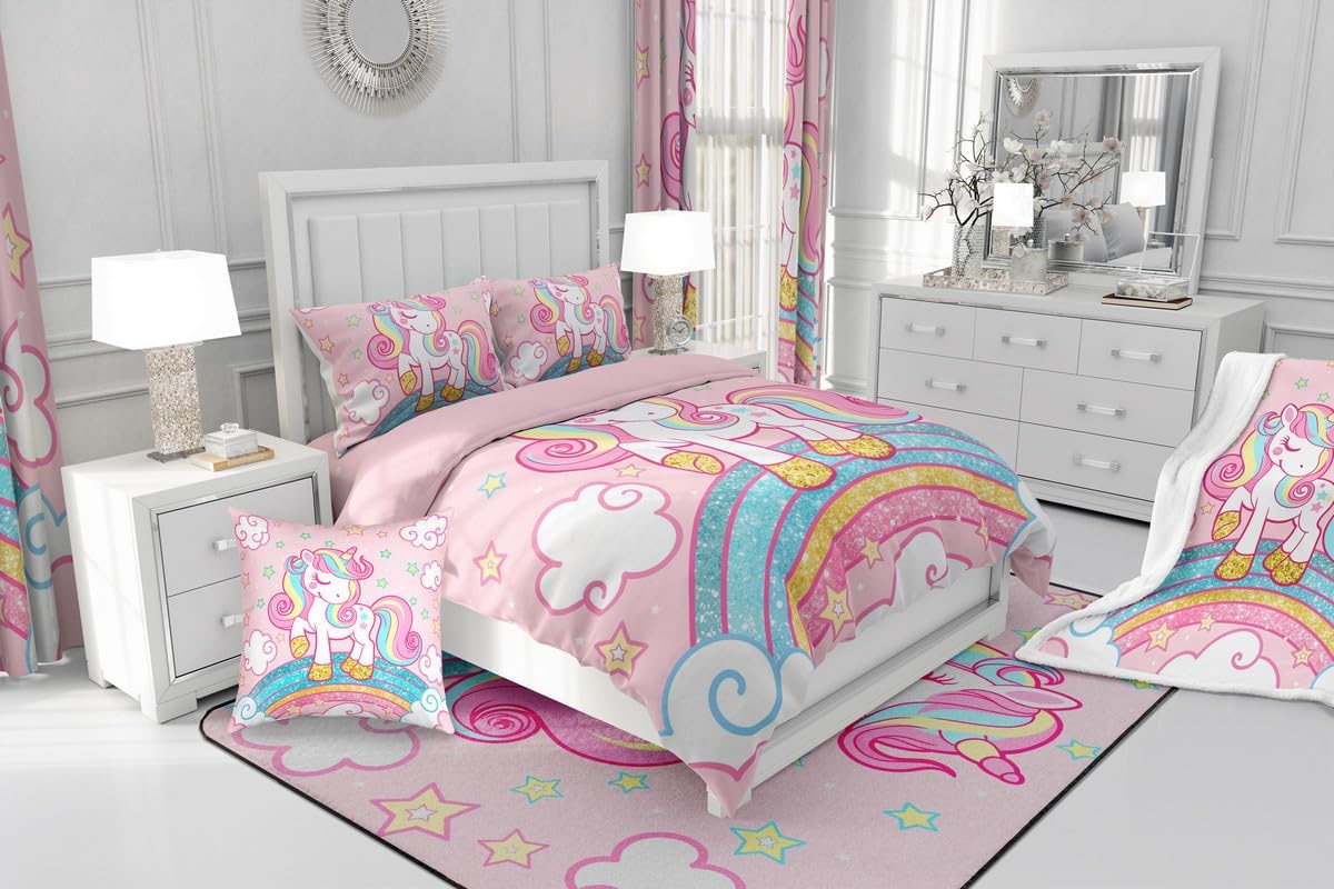 jejeloiu Unicorn Living Room Rugs for Bedroom Area Rug 3x5,Star Print Rainbow Kids Decor Carpet for Girls Decor Carpet,Cute Animal Kids' Non-Slip Cute Unicorn Indoor Floor Mat,Rainbow Accent Rug