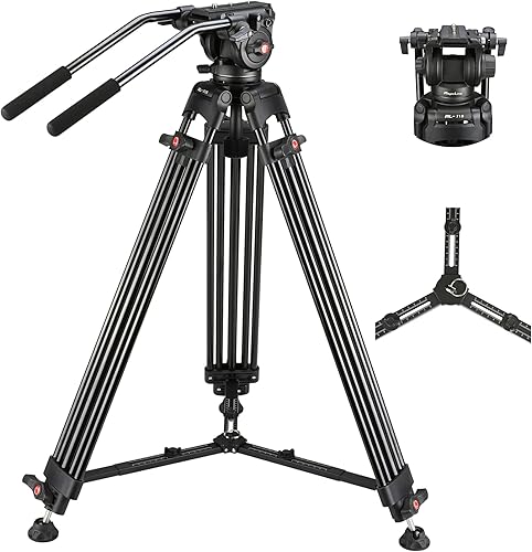 MagicLine 70.9 inch Heavy Duty Aluminum Video Camera Tripod with Fluid Head, 2 Pan Bar Handles,Extendable Mid-Level Spreader, Max Load 22 LB for