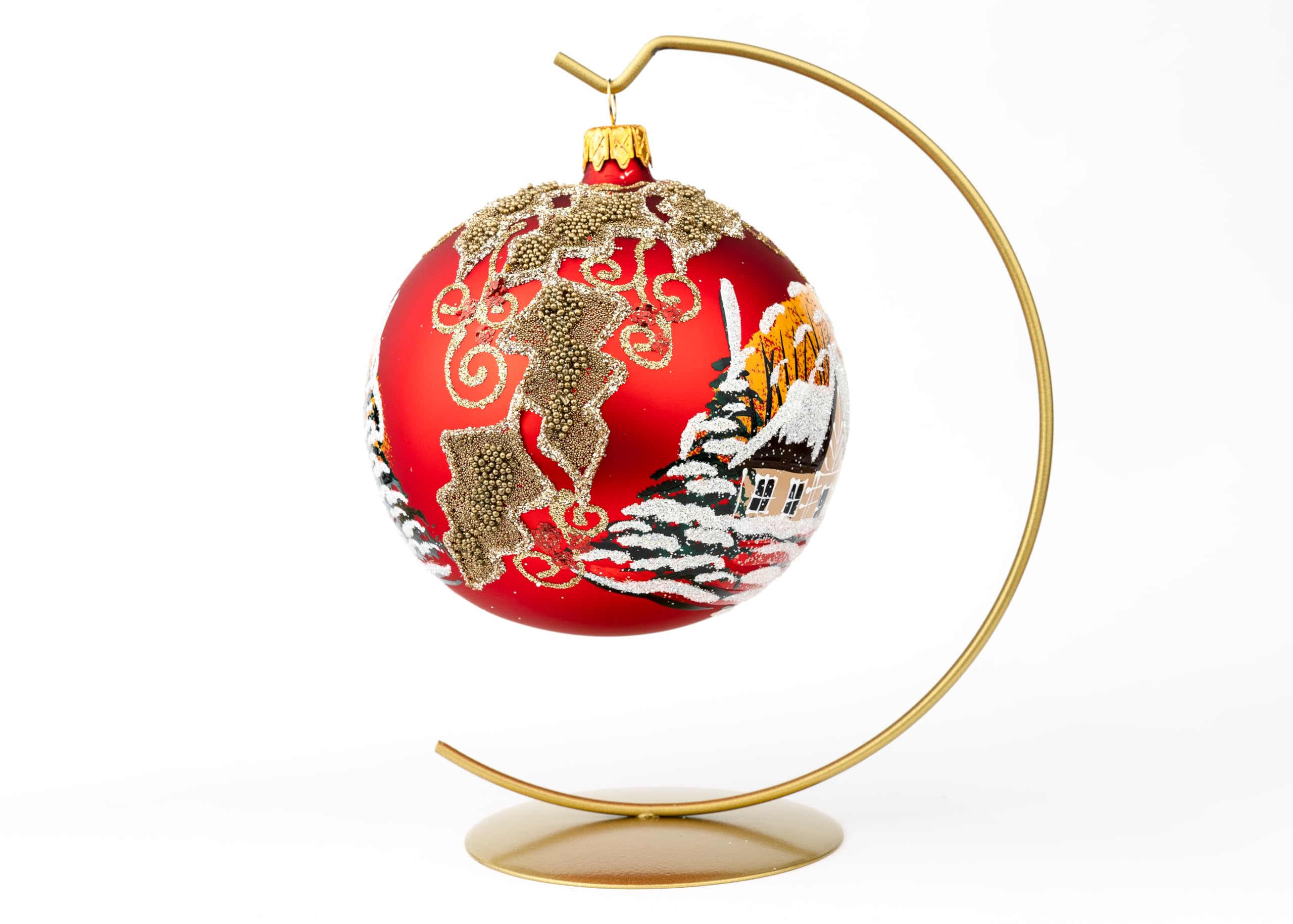 Bola de cristal soplado pintada a mano con diseño de Navidad, color rojo, tamaño mediano, 120 mm, hojas de muérdago