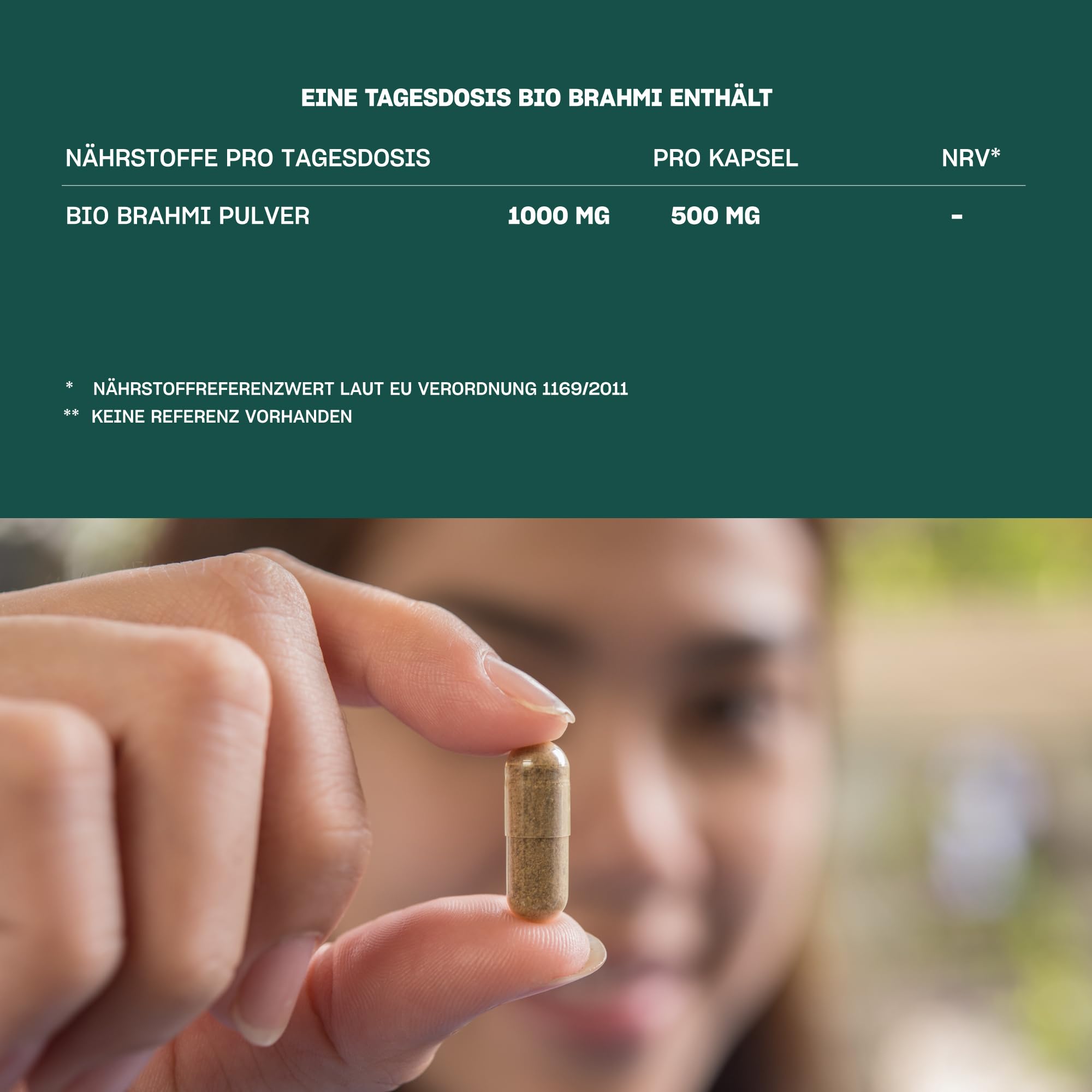 Bio Brahmi - 180 Kapseln hochdosiert / 1000 mg Brahmi Bacopa Monnieri pro Tagesdosis/Ayurveda Nahrungsergänzung/Vegan, Zertifiziert & Nachhaltig im Glas