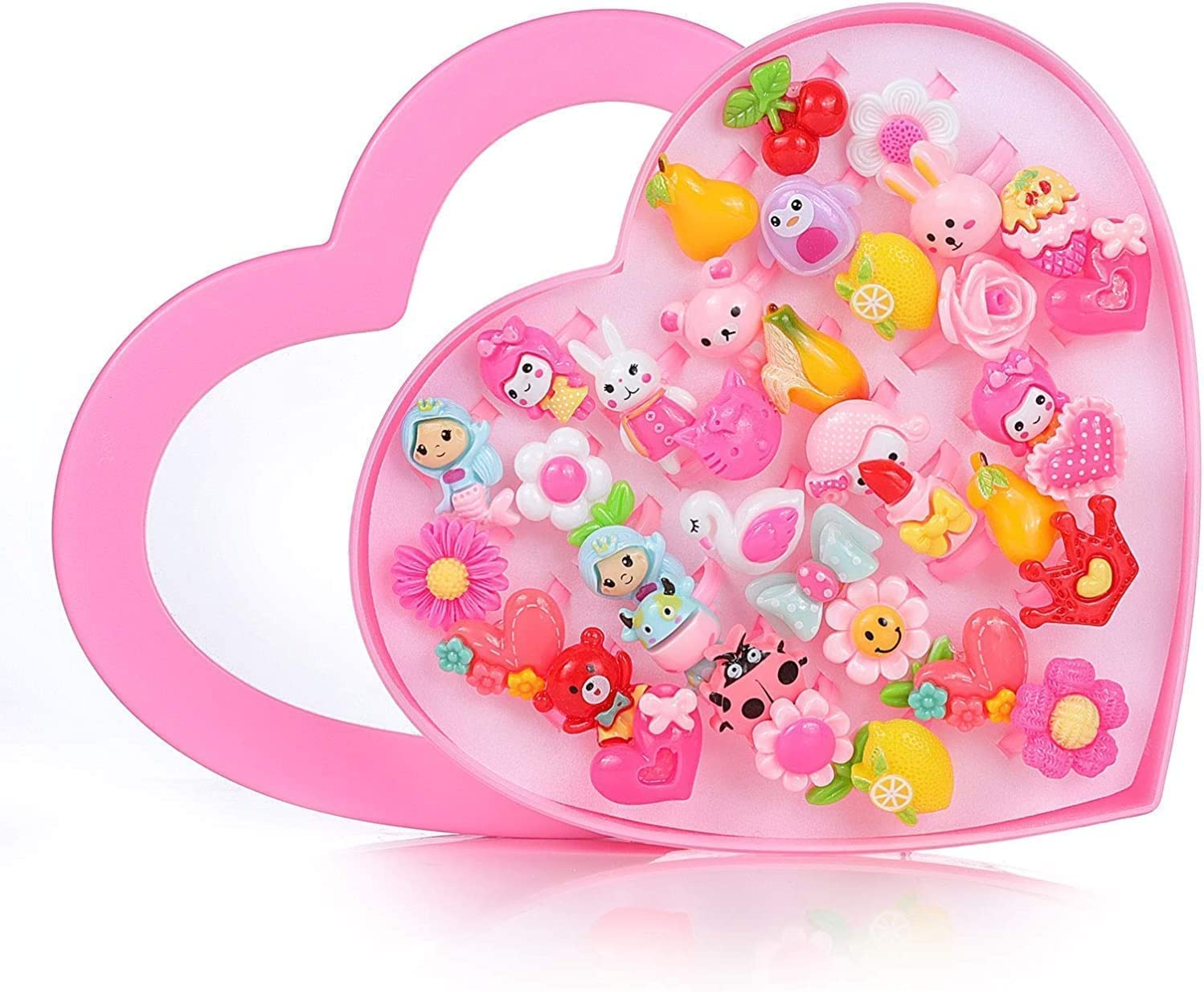 AK Store Cute Adjustable Cartoon Pretend Play Toy Fancy 36 Finger Rings with Bracelet in Heart Shape Box Jewellery Kit for Kids, Girls Birthday Gifts, Suitable for Age 2-10 yrs (Multi Color) 1