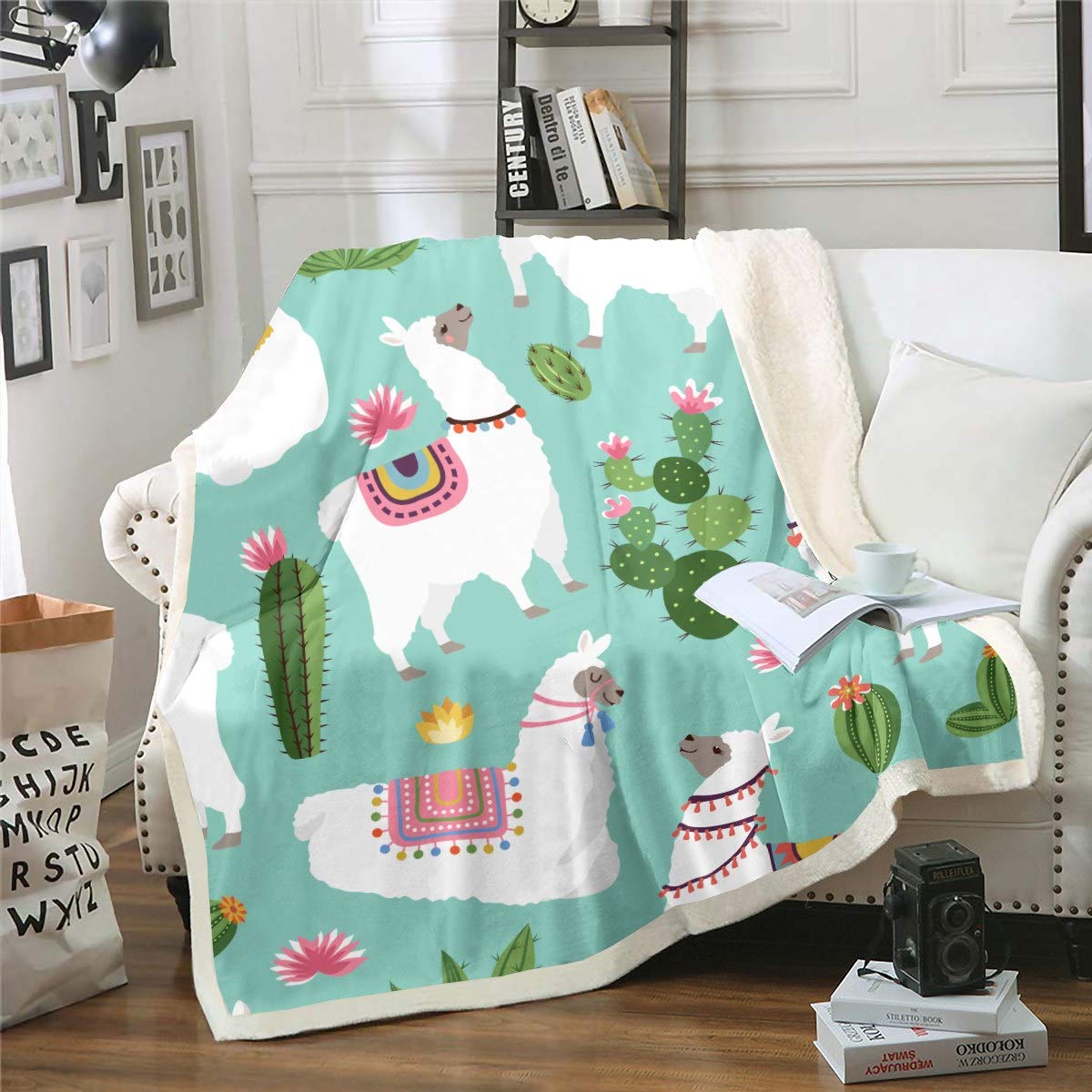Loussiesd Cute Llama Fleece Blanket for Sofa Couch Cartoon Llama Alpaca Sherpa Throw Blanket Decorative Exotic Cactus Plush Blanket Boho Succulent Fuzzy Blanket Baby 30"x40" Flannel Blanket