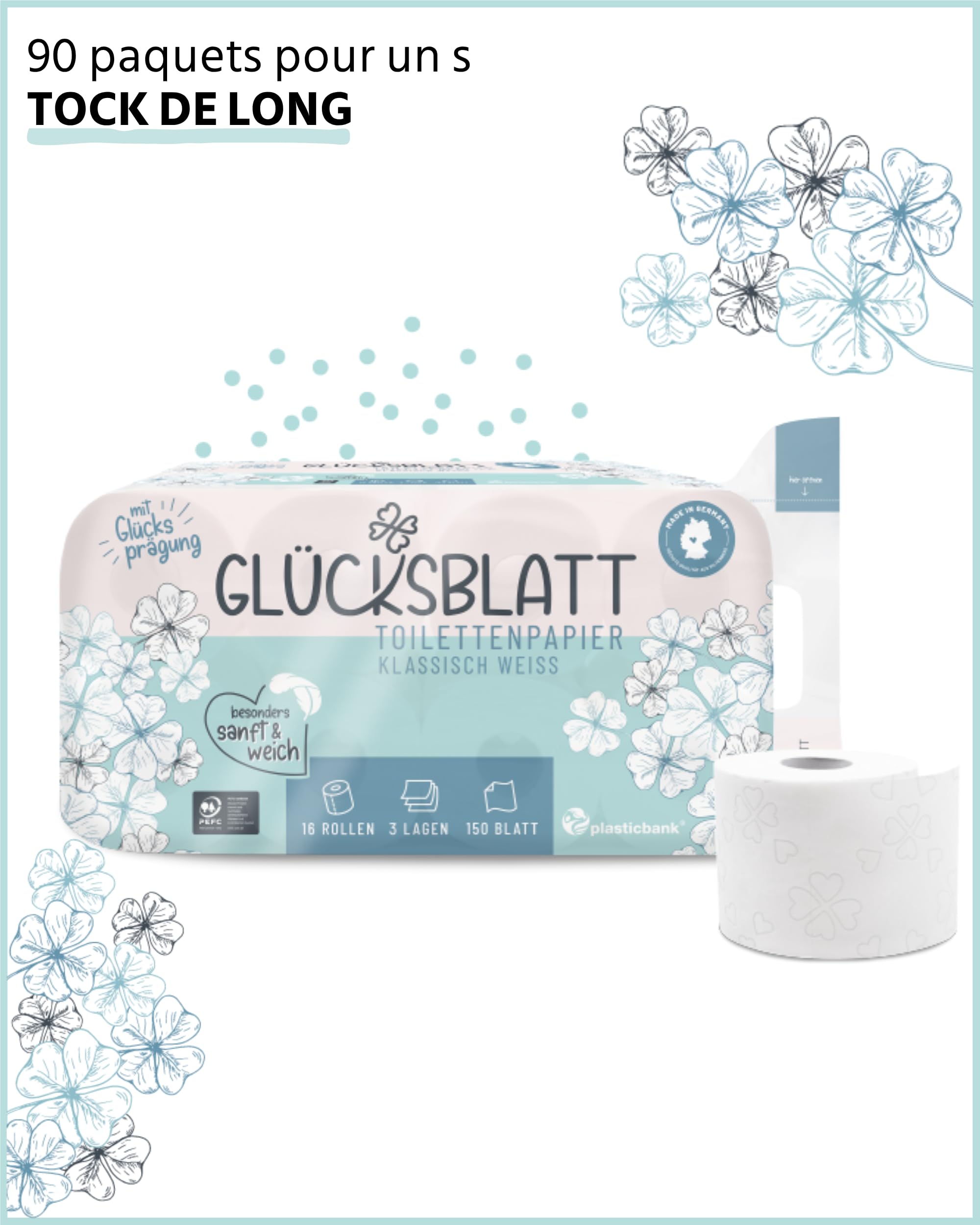 Glücksblatt Papier toilette blanc classique, 3 couches, 720 rouleaux x 150 feuilles, 100 % cellulose, papier toilette doux avec gaufrage bonheur, palette de papier toilette, emballage d'au moins 30 %