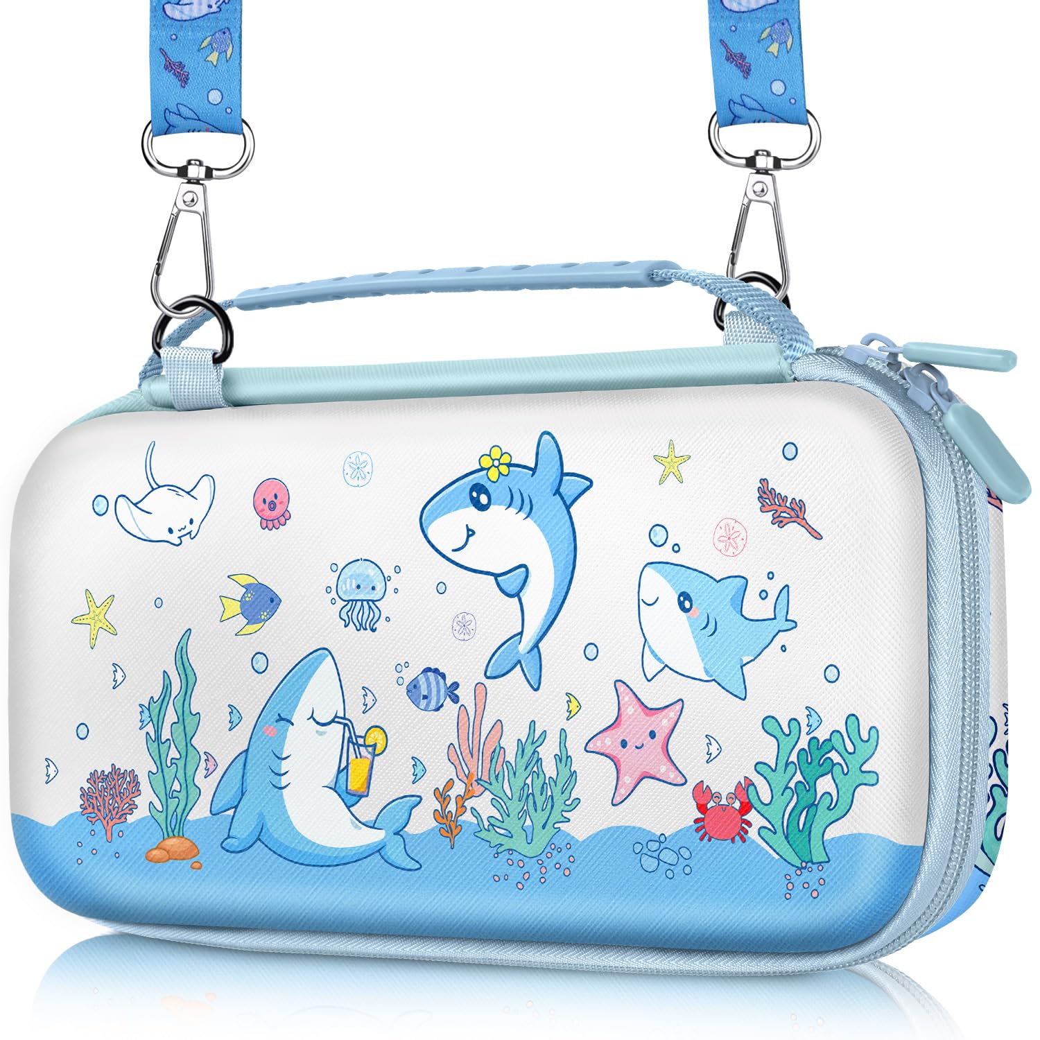 Photo 1 of Gurgitat Carrying Case for Nintendo Switch Lite 2019 - Cute Cartoon for Switch Travel Cases with Handle and Strap Portable Storage Carry Protective Hard Shell for Teen Girls Boys, Blue Shark