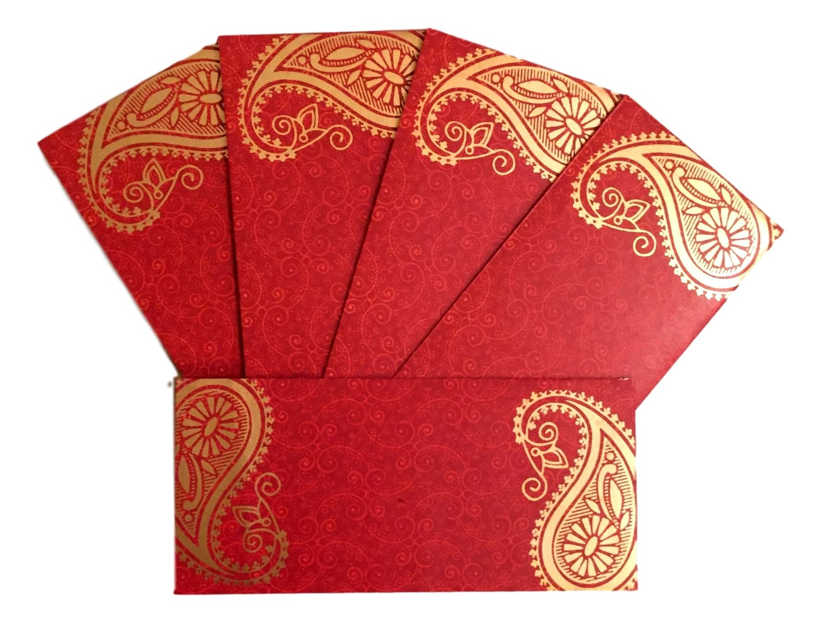 EVL108_Red: Pack of 5 Red Shagun Salami Money Gift Cash Envelopes-Indian Wedding Accessory