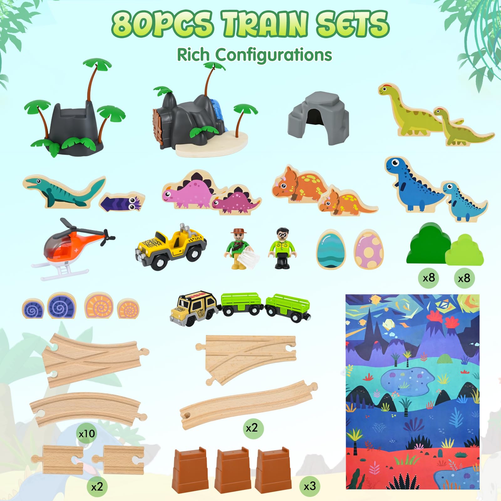 Joellfuner 80 Pièces Ensemble de Trains en Bois, Jouet de Dinosaure Train avec Trains Touristique et Accessoires pour Dinosaures, Circuit Train en Bois Enfant Compatible avec Thomas, Brio et Hape