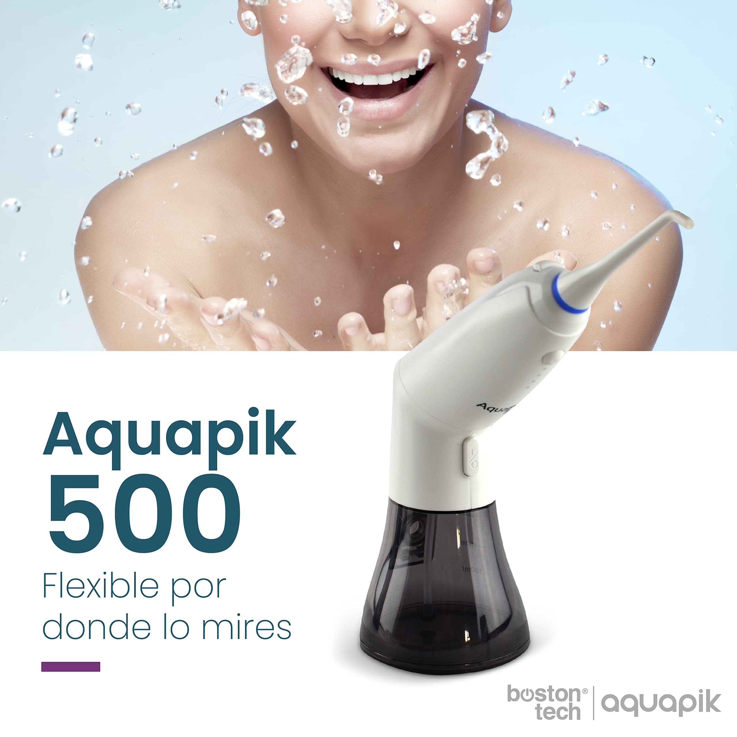 Aquapik 500, Irrigador Bucal Portátil con Diseño Único Deformable Tanque de Agua removible. Irrigador Dental Recargable para Viajes y Oficina.6 boquillas, 4 modos, Impermeable IPX7 (Blanco)