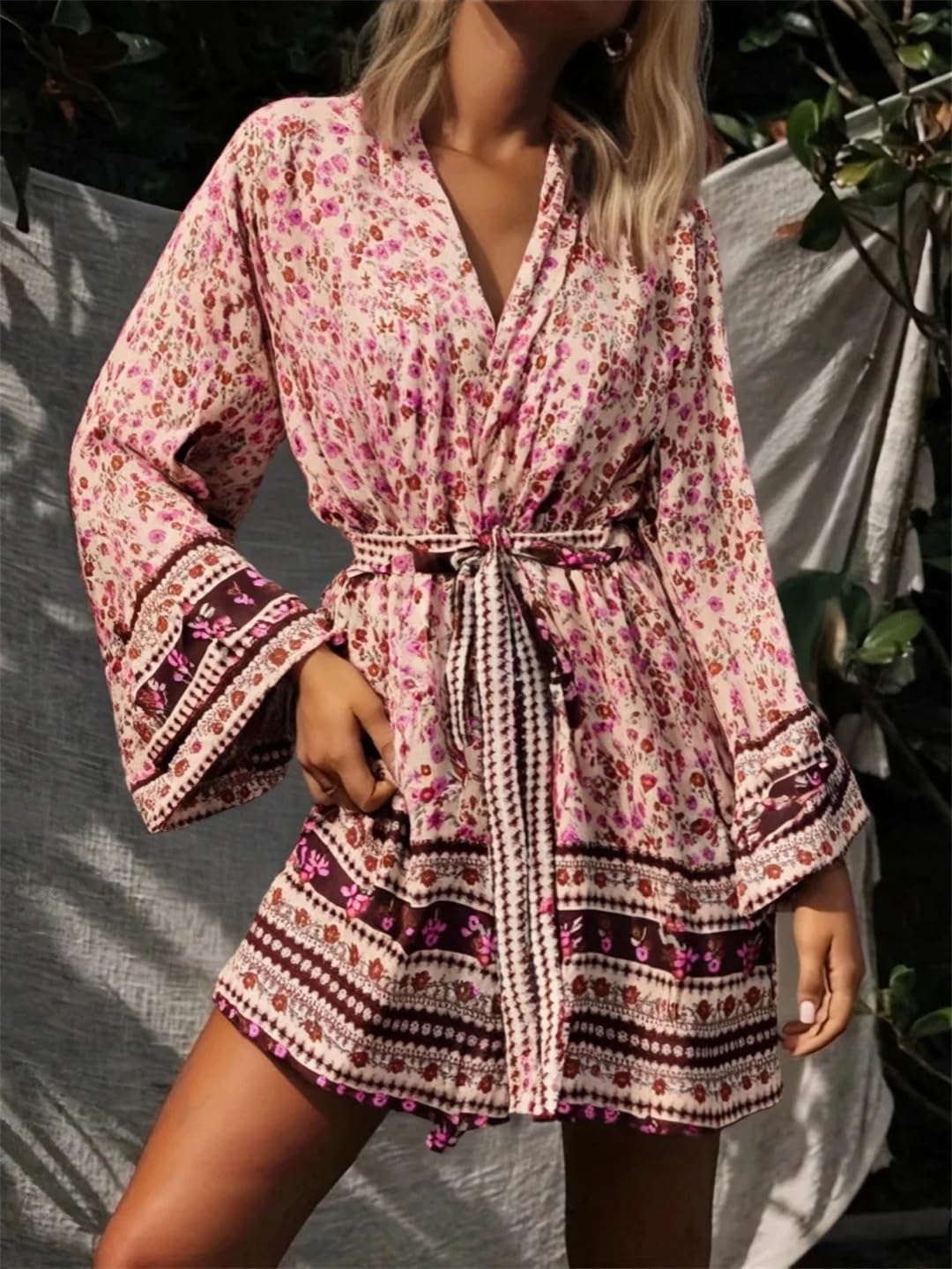 Wjnvfioo Kimono da donna vintage con stampa rossa e maniche a pipistrello con scollo a V bohémien