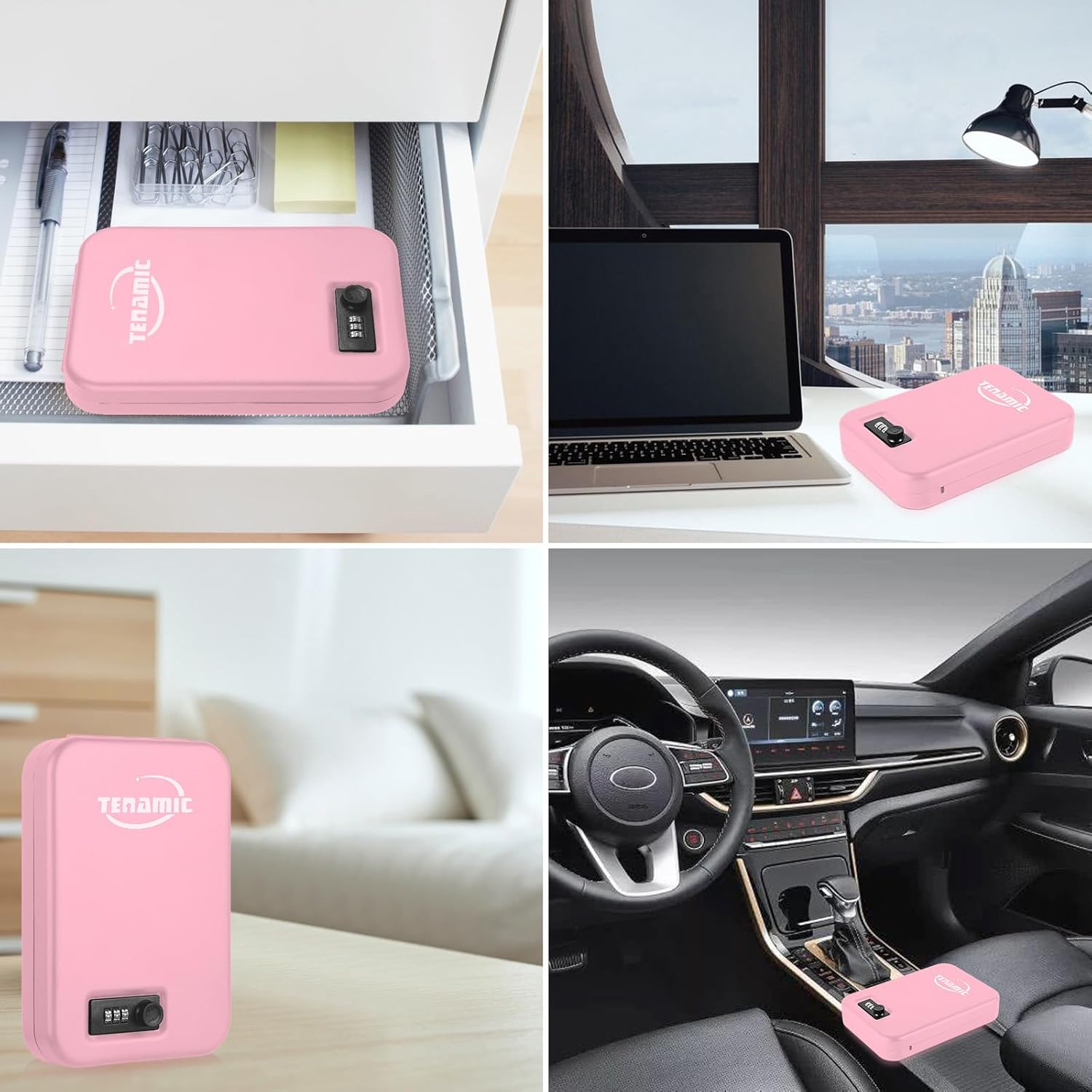 TENAMIC Pistol Safe in various usage scenarios: drawer, desk, car