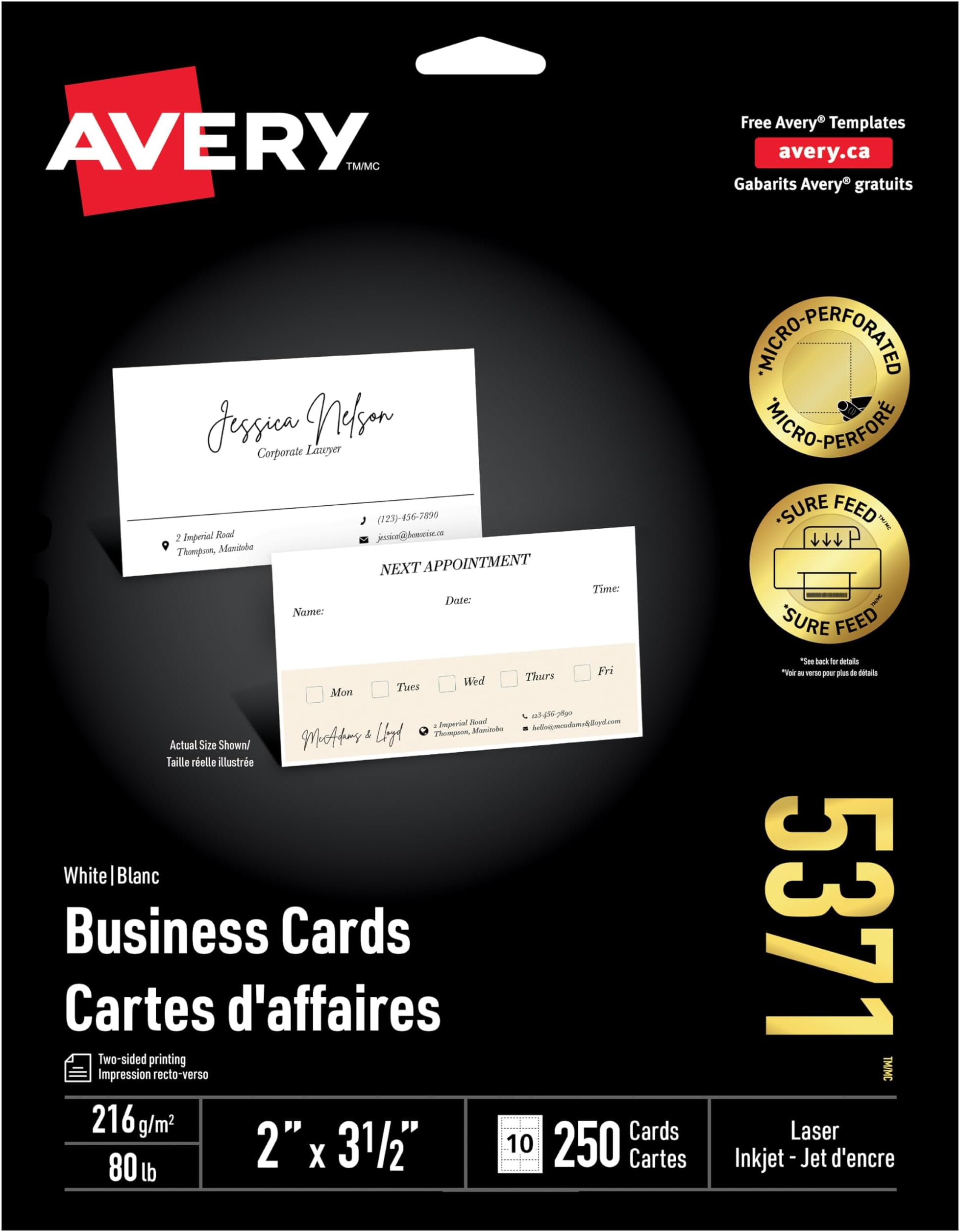 AVERY Perforated Business Cards for Laser Printers, 2" x 31/2", White