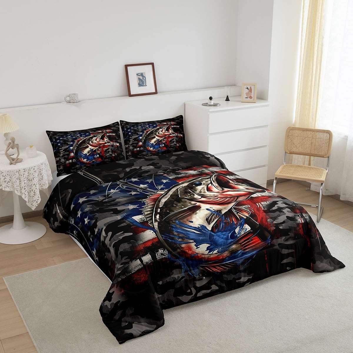 Feelyou Fish Comforter Set Queen Size Kids American Flag Comforter Fishing and Hunting Bedding Set Ocean Nature Marine Animal Red Blue Duvet Set Room Decor Quilt Set