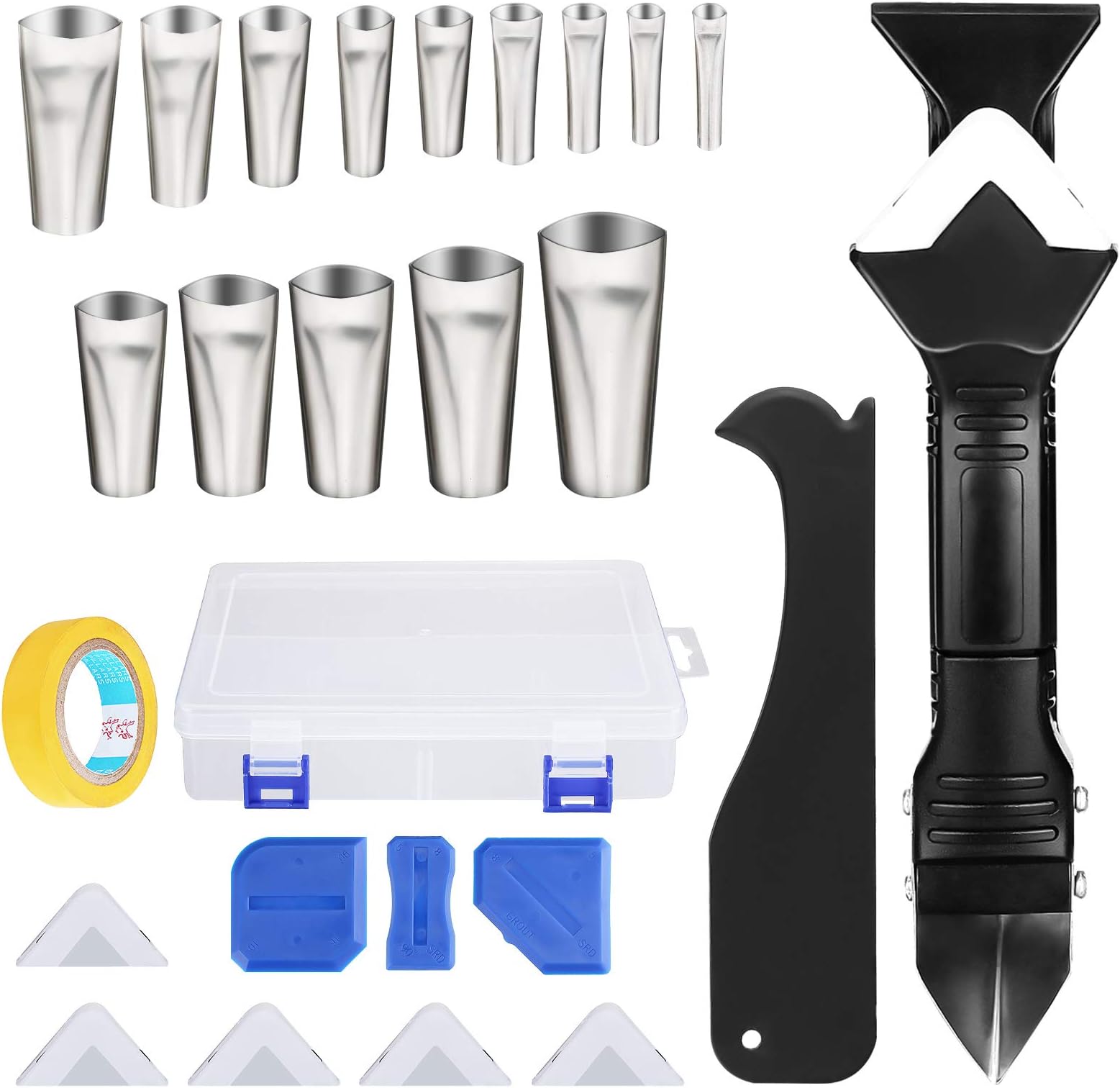 6 In 1 Silicone Caulking Tools Kit, 25PCS Caulk Nozzle Applicator, Gasket Removal Tool with Scraper/Nozzle, Silicone Gasket, Grout Scraper Reusable Caulk Tool Kit for Kitchen Bathroom Floor