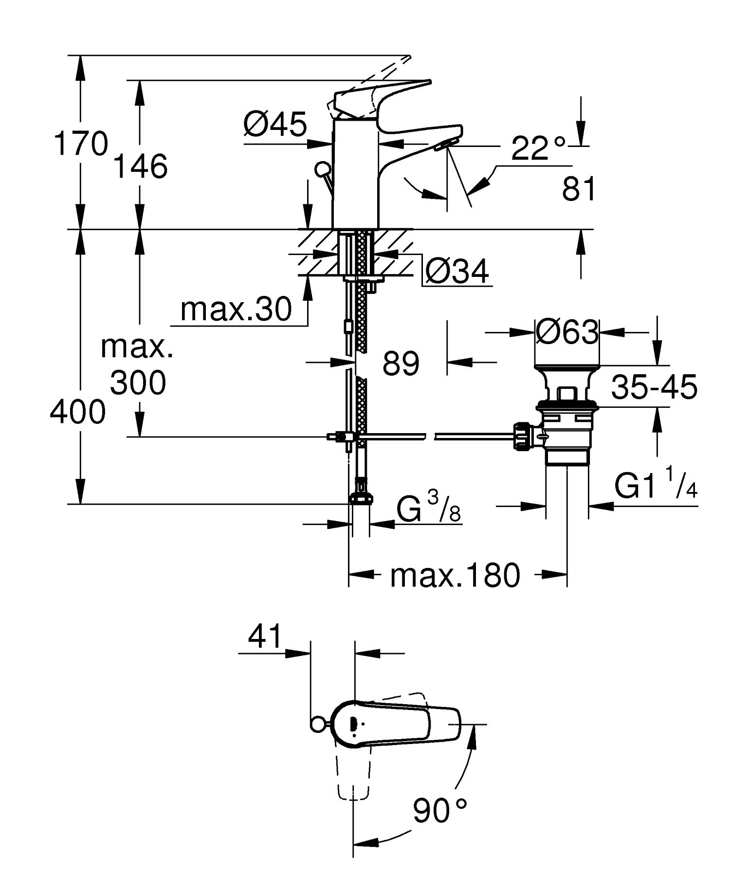 Grohe Start Flow- Grifo de lavabo monomando (vaciador automático, menor consumo de agua, altura 146mm), cromo, 23769000
