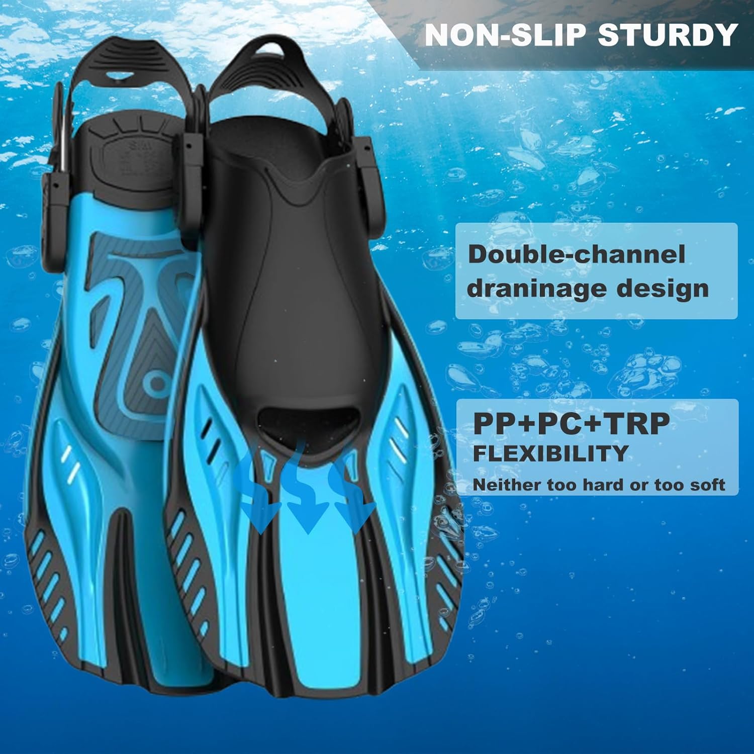 snorkel fins diving fins adjustable buckles open heel swim flippers travel size short swim fins for snorkeling diving swimming adult men womens cerulean blue s/m(us men 4.5-8.5/women 5.5-9.5)