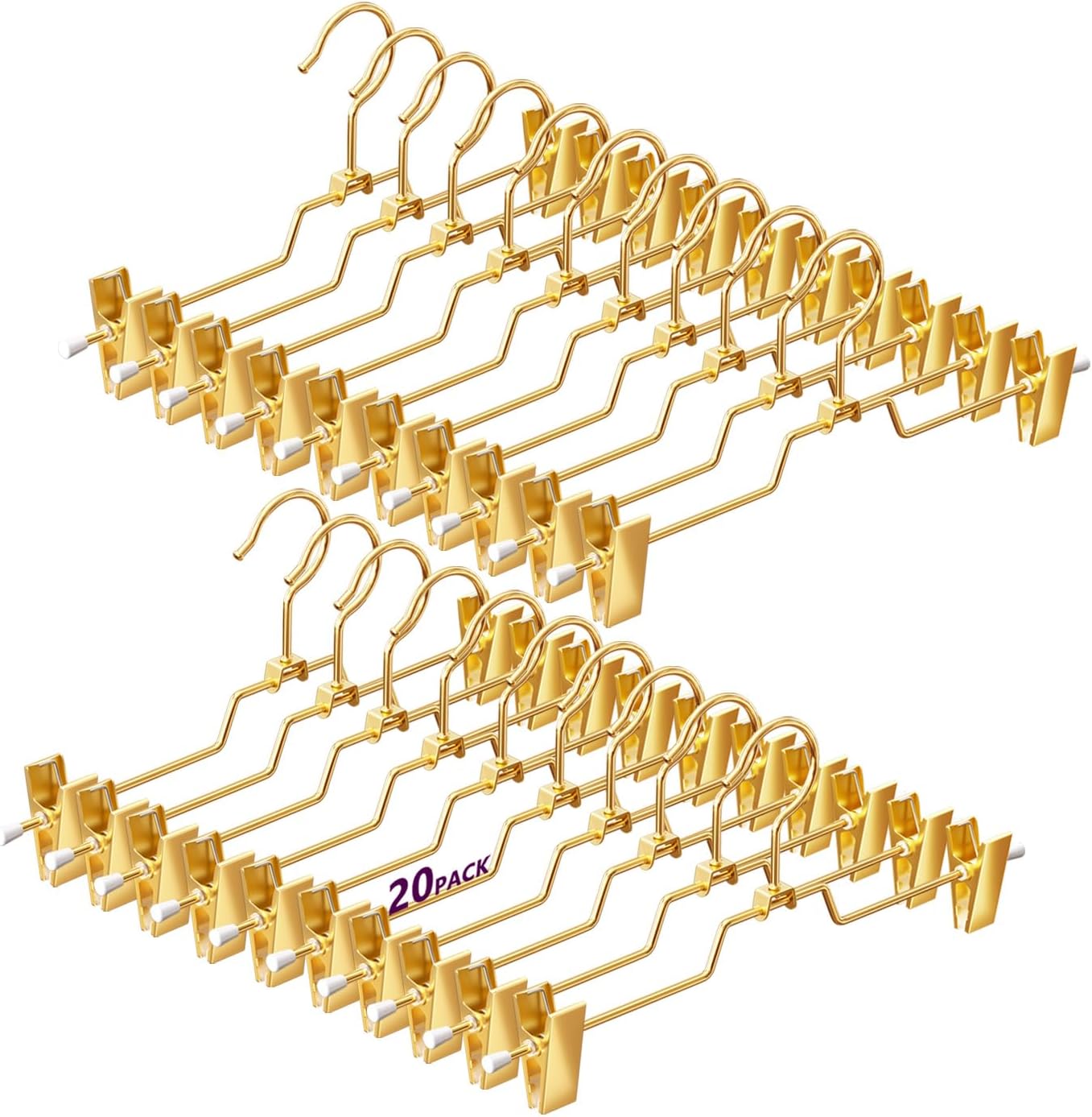 20 Pack Heavy Duty Metal Pants Skirt Hangers, Gold Pants Hangers with 360° Swivel Coat Hook & 2 Adjustable Clips, for Pants, Jeans, Slacks, Short Skirt