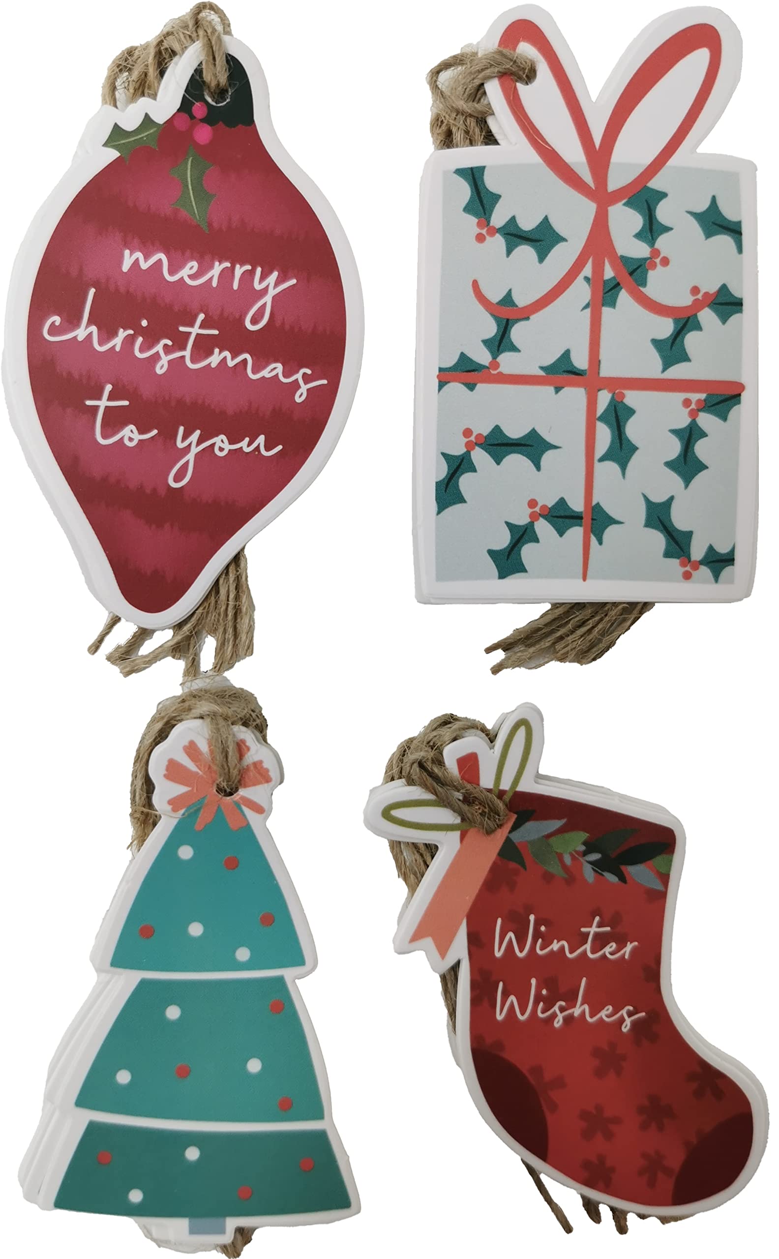 Ylab Multicolor 20 Luxury Gift Tags For Christmas – Festive Shapes With String – Tree, Bauble, Stocking & Present – Recyclable Card & Eco Packaging – Blank Back For Writing – Xmas Present Labels For Gift Wrapping