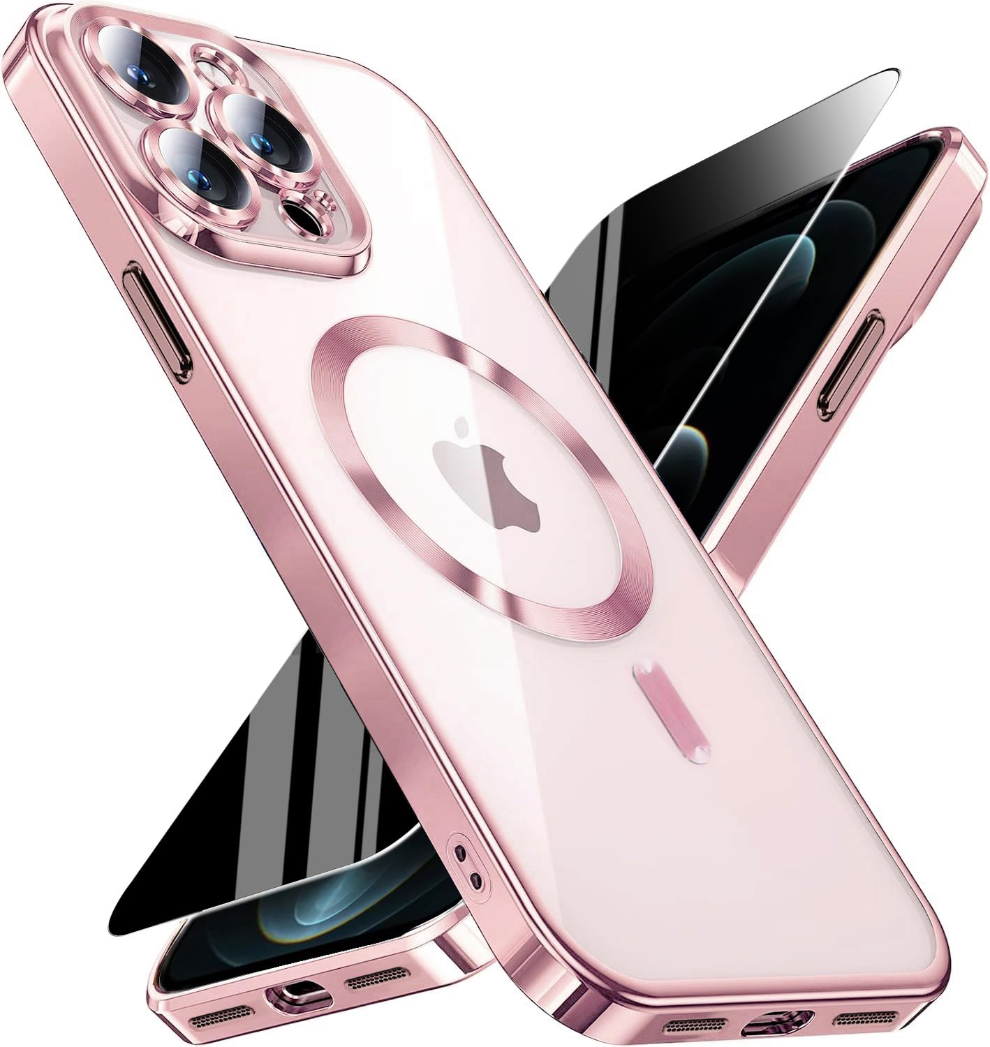 Magnetic for iPhone 12 Pro Max Case with Privacy Screen Protector &amp; Full Camera Cover,[Non-Yellowing] Plating Glossy Soft Shockproof Clear Phone Case with MagSafe Women Girls for 12 ProMax,Pink