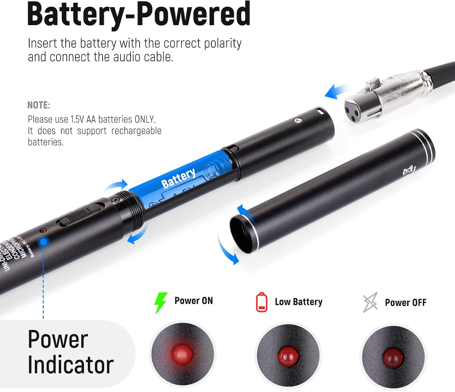 Diagram showing how to insert a 1.5V AA battery into the NEEWER NW-82 microphone and the power indicator lights.