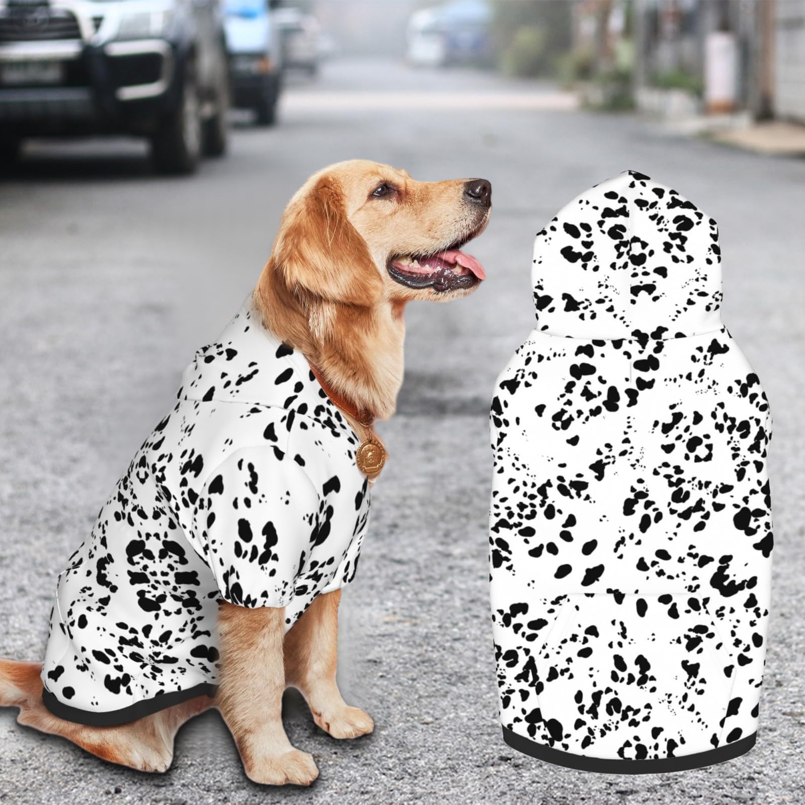 Disfraz de perro con estampado dálmata, lindo estampado de perro manchado, ropa de invierno, suéter de Halloween con bolsillo, sudadera con capucha de invierno para mascotas, talla XXL