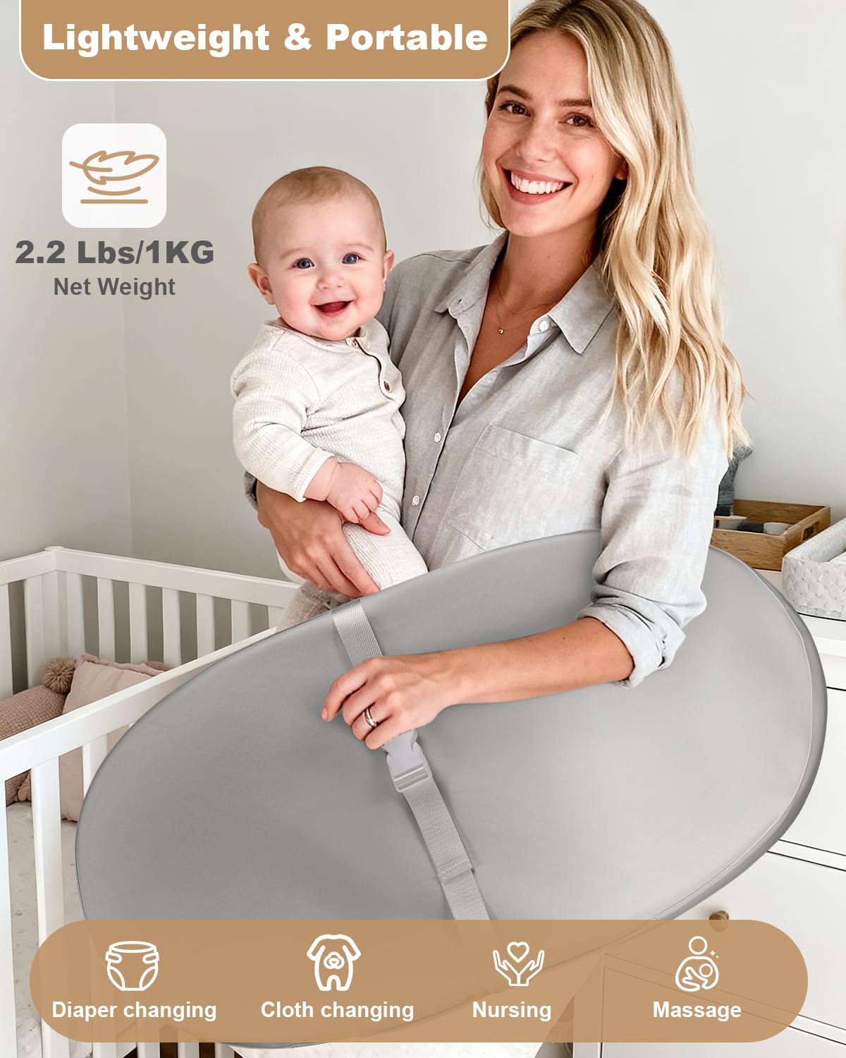 Fasciatoio con copertura in poliuretano lavabile e impermeabile, 80 x 40 x 10 cm, tappetino fasciatoio per comò con cintura di sicurezza anti-rotolamento e antiscivolo, portatile, leggero