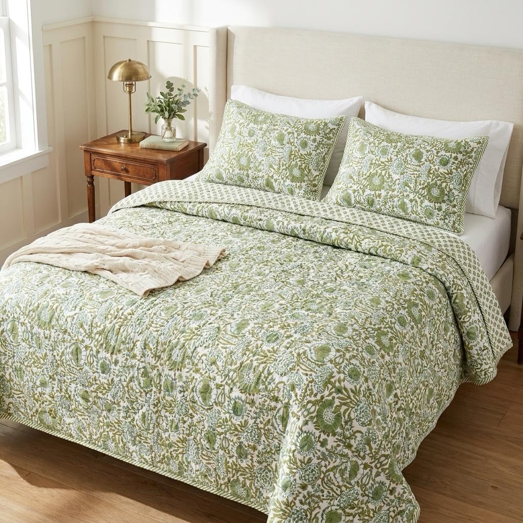 CPC Agate Green Reversible Hand Block Print Cotton Handmade Twin Quilt 90 x 96 Lightweight, Soft, Cozy, Breathable, Blanket for Bed, Sofa, Couch Decor Gift for Spring, Easter and Winter