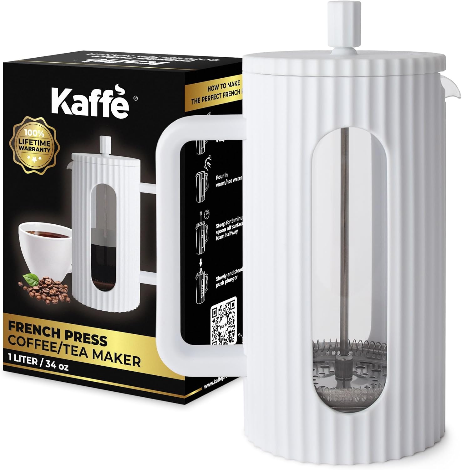 Kaffe French Press Coffee Maker (34oz / 1L) – Borosilicate Glass and BPA-Free Plastic Coffee Press – White – Lightweight Travel & Camping Coffee Maker