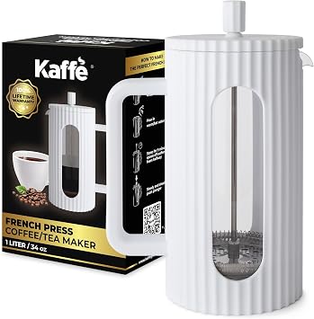 Kaffe French Press Coffee Maker 34oz / 1L - Borosilicate Glass and BPA-Free Plastic Coffee Press - White - Lightweight Travel & Camping Coffee Maker