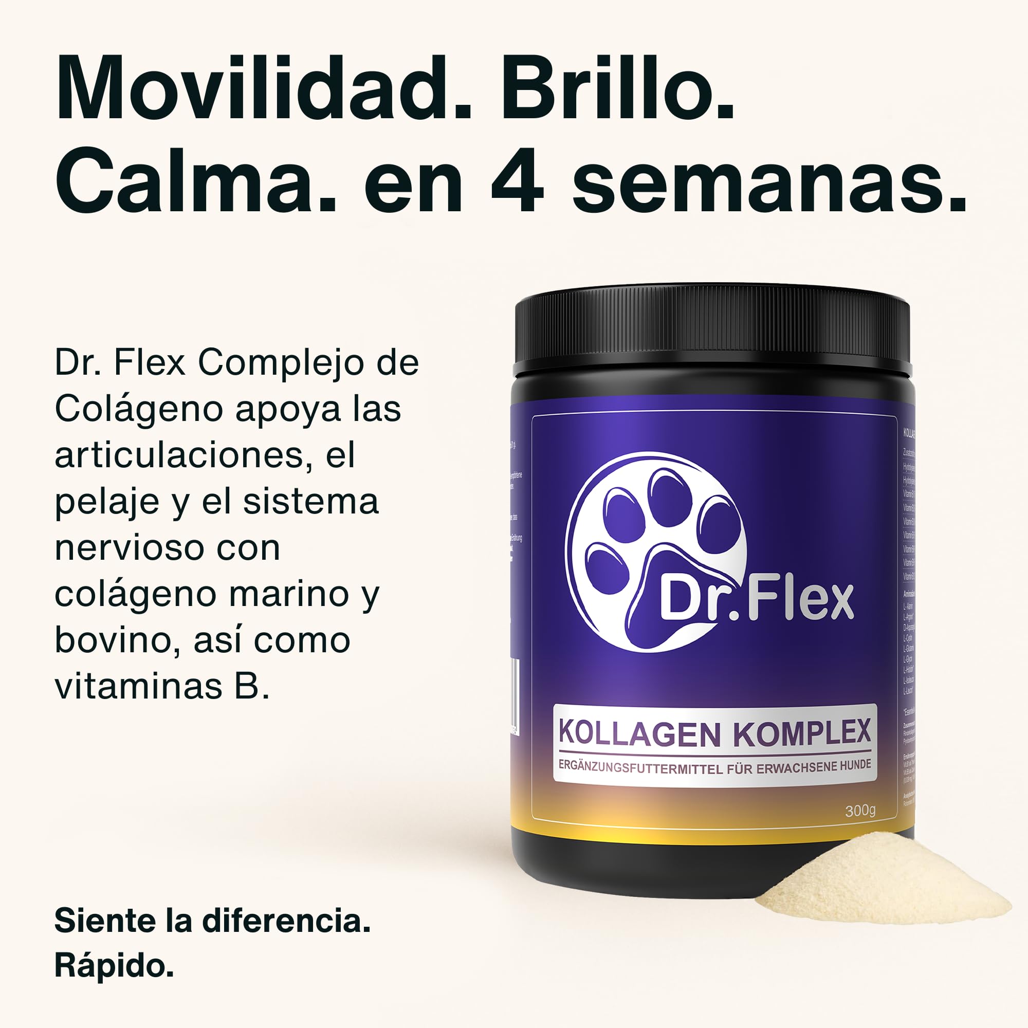 Dr. Flex colágeno para Perros 300 g - colágeno hidrolizado Tipo I II III bovino y Marino en Polvo para articulaciones Perro y Movilidad Complejo vitaminas Grupo B Perros Apoyo digestión Perro