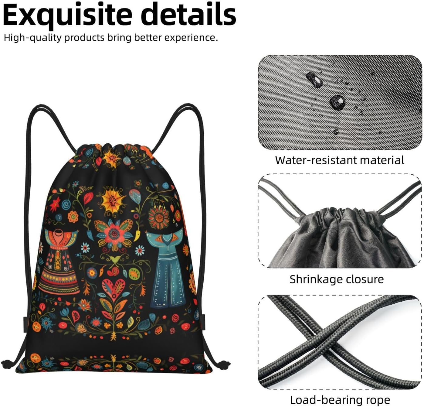 folk dress Foldable drawstring backpack, lightweight storage bag - large-capacity fitness travel bag image 5