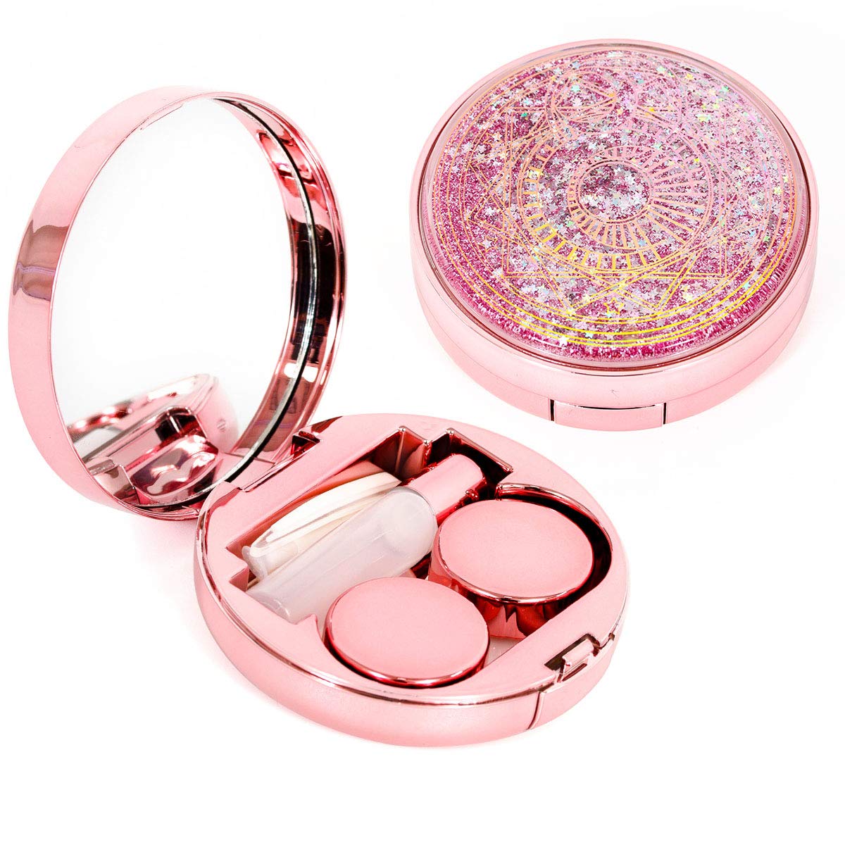 YiQiYi Exquisite Eye Lenses Container- Drift Sand Contact Lens Case Contact Lens Containers Remover Kit Set with Mirror Eye Remover Tool Travel Home Holder Case (Pink)