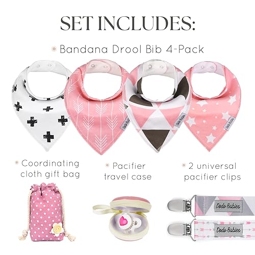 Miniatura 9 de Dodo Babies Juego de baberos bandana  Cuatro baberos 100% algodón con forro de poliéster suave, 2 clips para chupete, funda Binky, bolsa de regalo