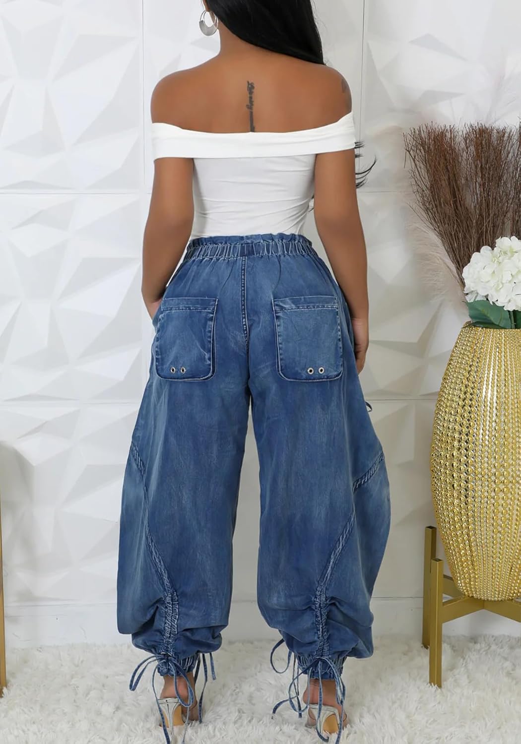 LETSVDO Women's Baggy Cargo Jogger Jeans High Waisted Wide Leg Drawstring Bow Pockets Loose Harem Denim Pant Sweatpants - Image 7