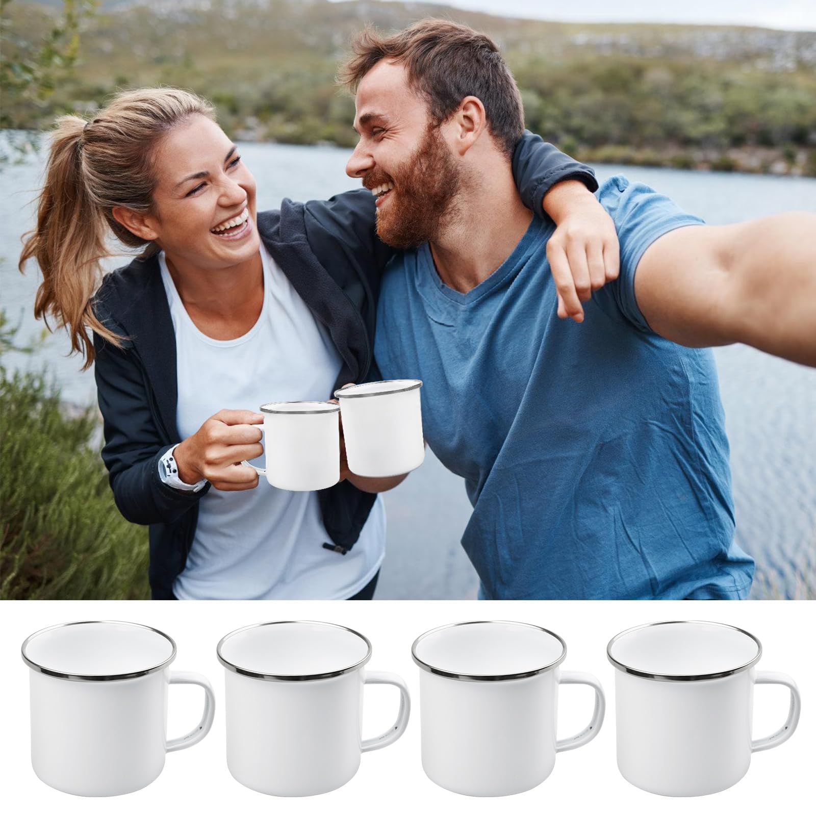 4er-Set Emaille Becher 350 ml, Camping Becher Emaille Tasse, Emaillebecher mit Edelstahl Trinkrand, Trinkbecher, Kaffeebecher, Enamel Mug für Zuhause, Büro, Reisen, Camping Küche, Haushalt & Wohnen