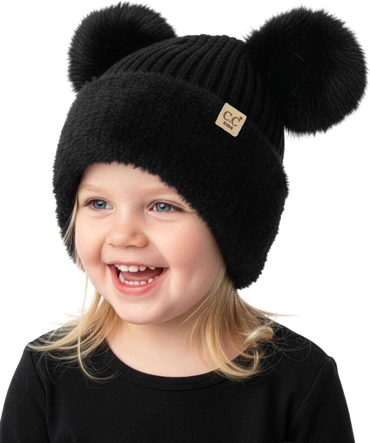 Funky Junque Kids Beanie with Earflaps Faux Fur Double Pom Pom, Warm Winter Beanies for Girls, Toddlers, Children Ages 1-6