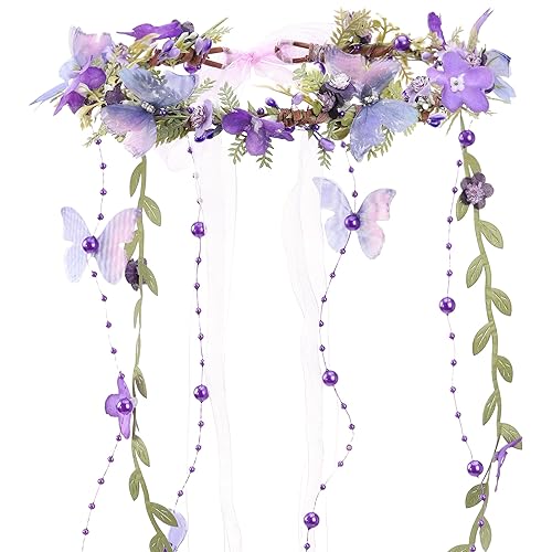 MOSTORY Fairy Flower Headpeice for Women, Woodland Elf Crown with Butterfly and Vines for Fairy Costume Renaissance Cosplay - Purple