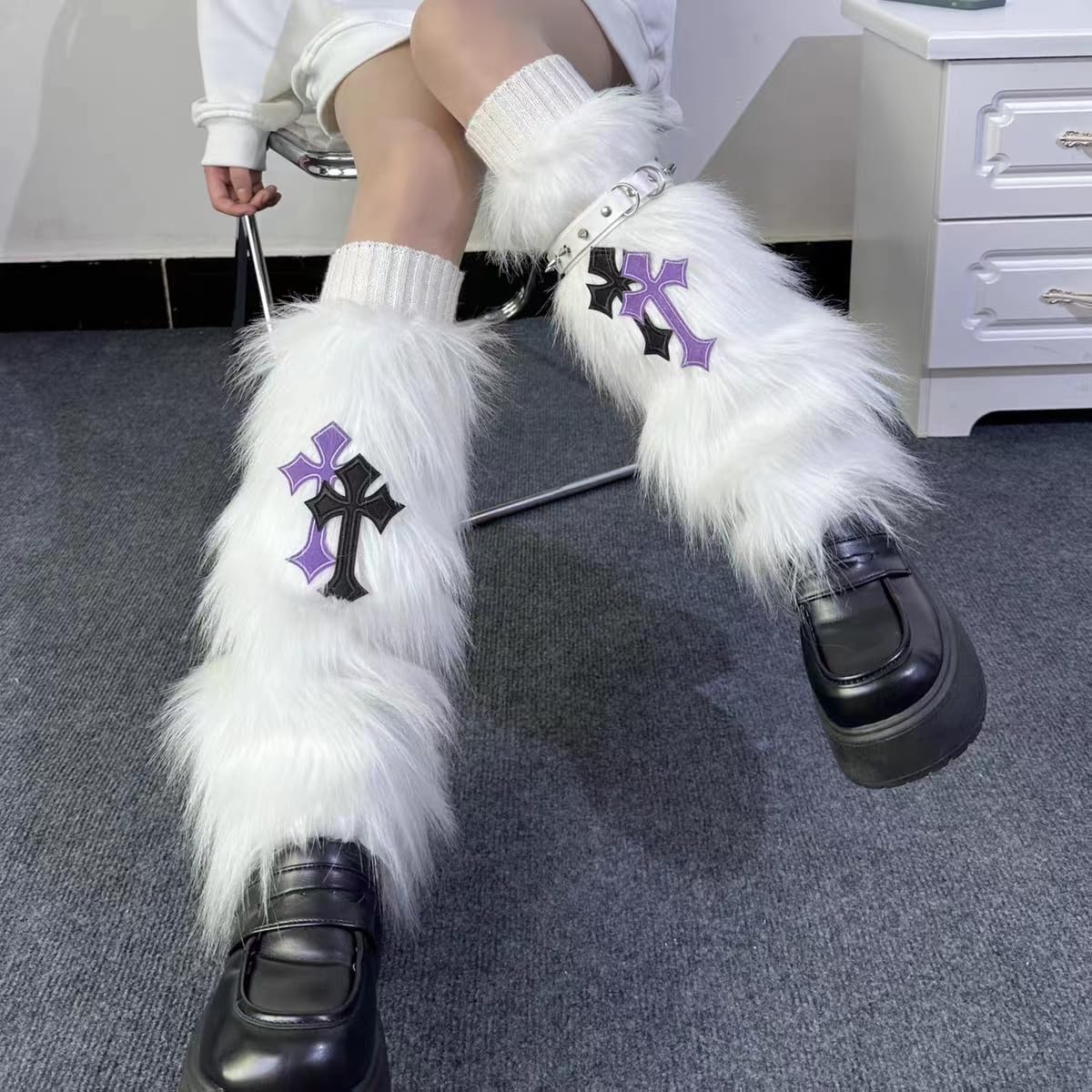 CHERSE Furry Leg Warmers for Women 3in1 Kawaii Star Bone Plush Y2K Leg Socks Pink Lolita Faux Fur 80s Harajuku Punk Gothic: White Cross 3in1